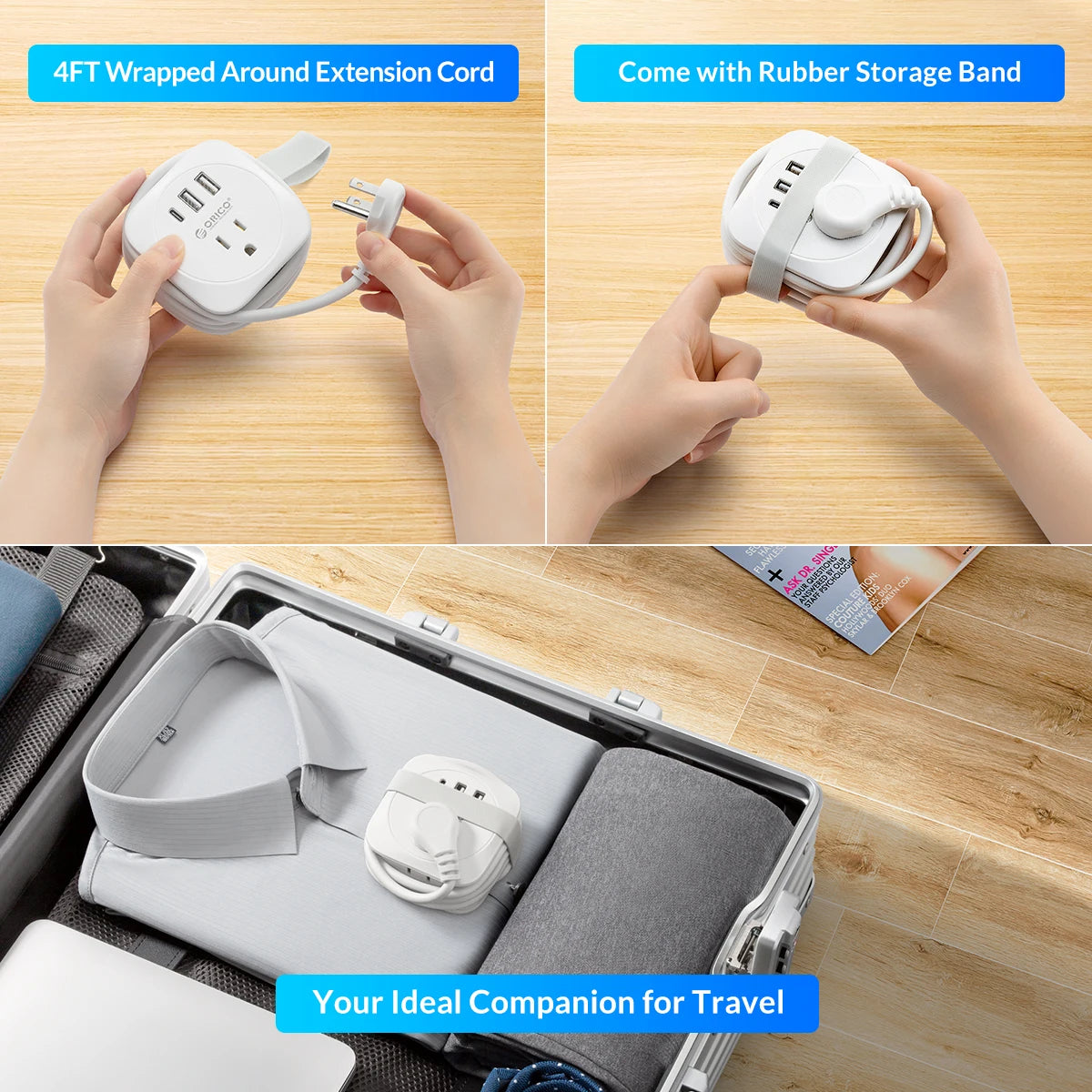 ORICO Travel Power Strip – US Adapter with 2 USB & Type-C Fast Charging