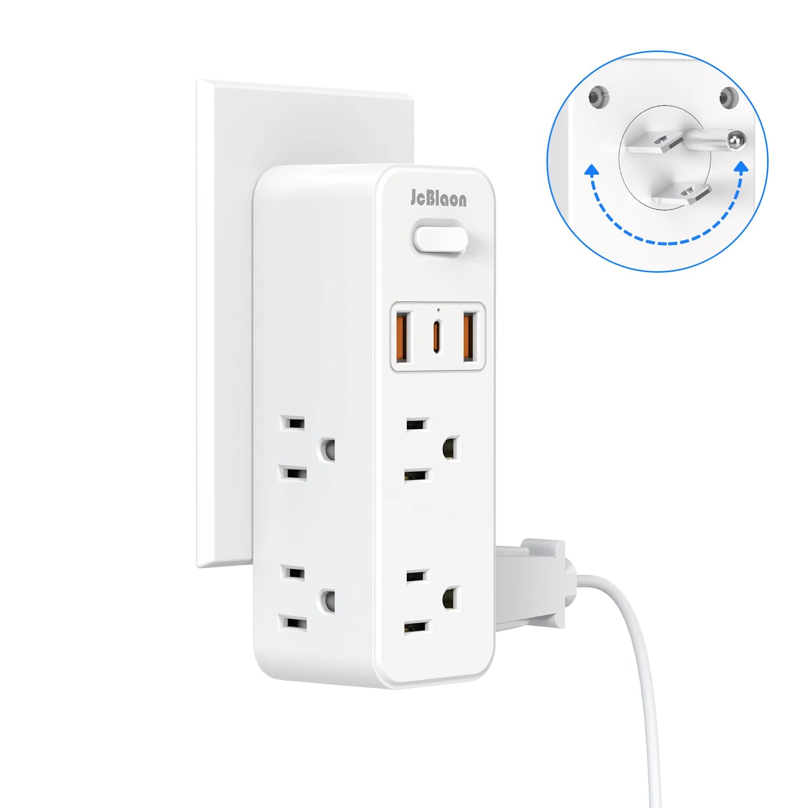 360° Rotating US Power Strip – 6 AC Outlets, 2 USB & 1 USB-C with On/Off Switch
