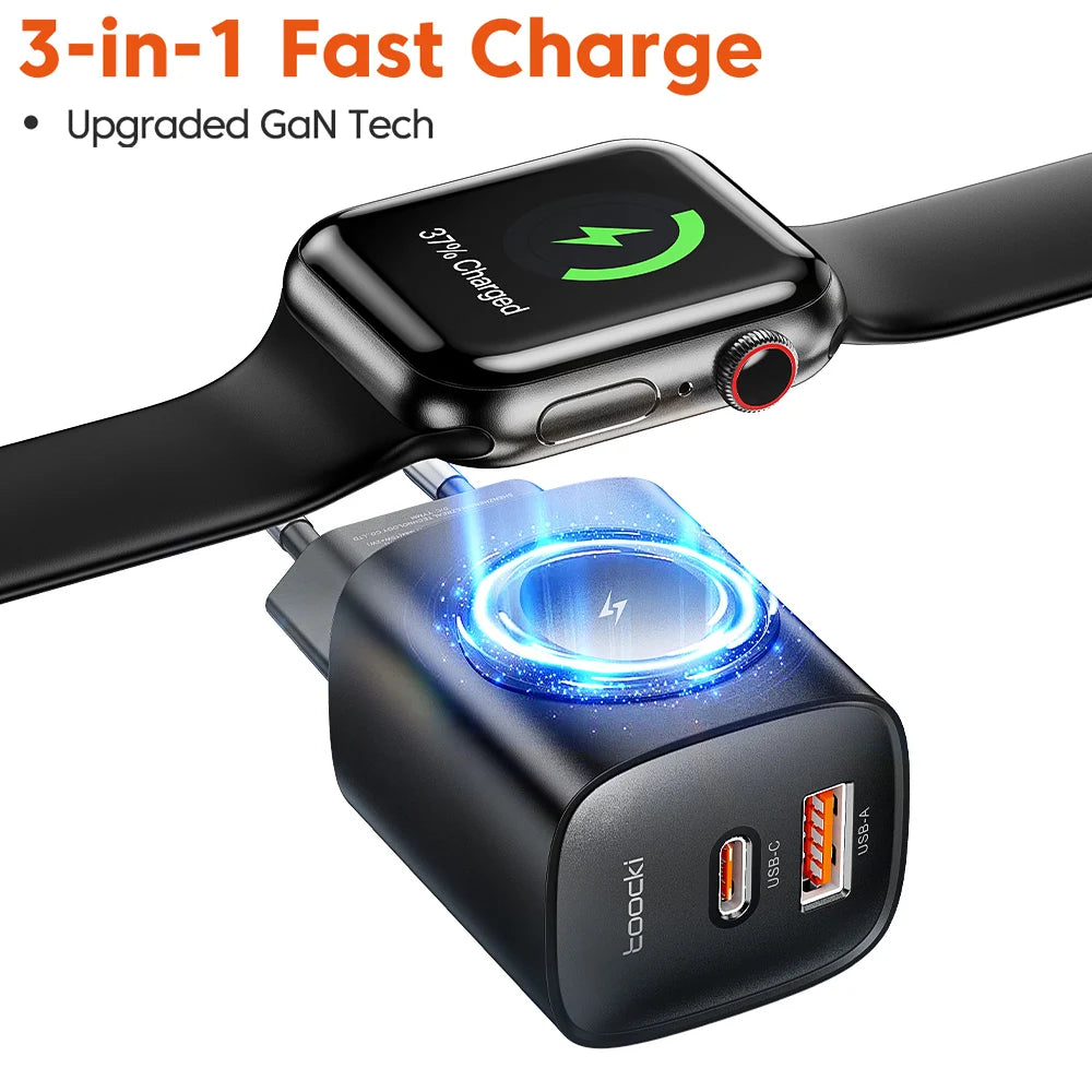 Toocki 3-in-1 GaN Charger – Fast USB-C & Wireless Charging for Phones & Watch