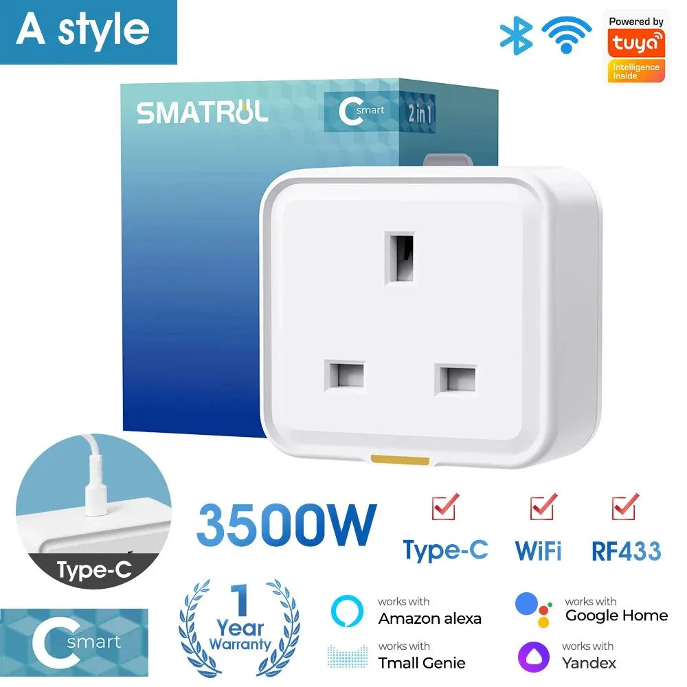 Tuya WiFi Smart Plug UK – RF433, Type-C, 16A, Timer & Voice Control