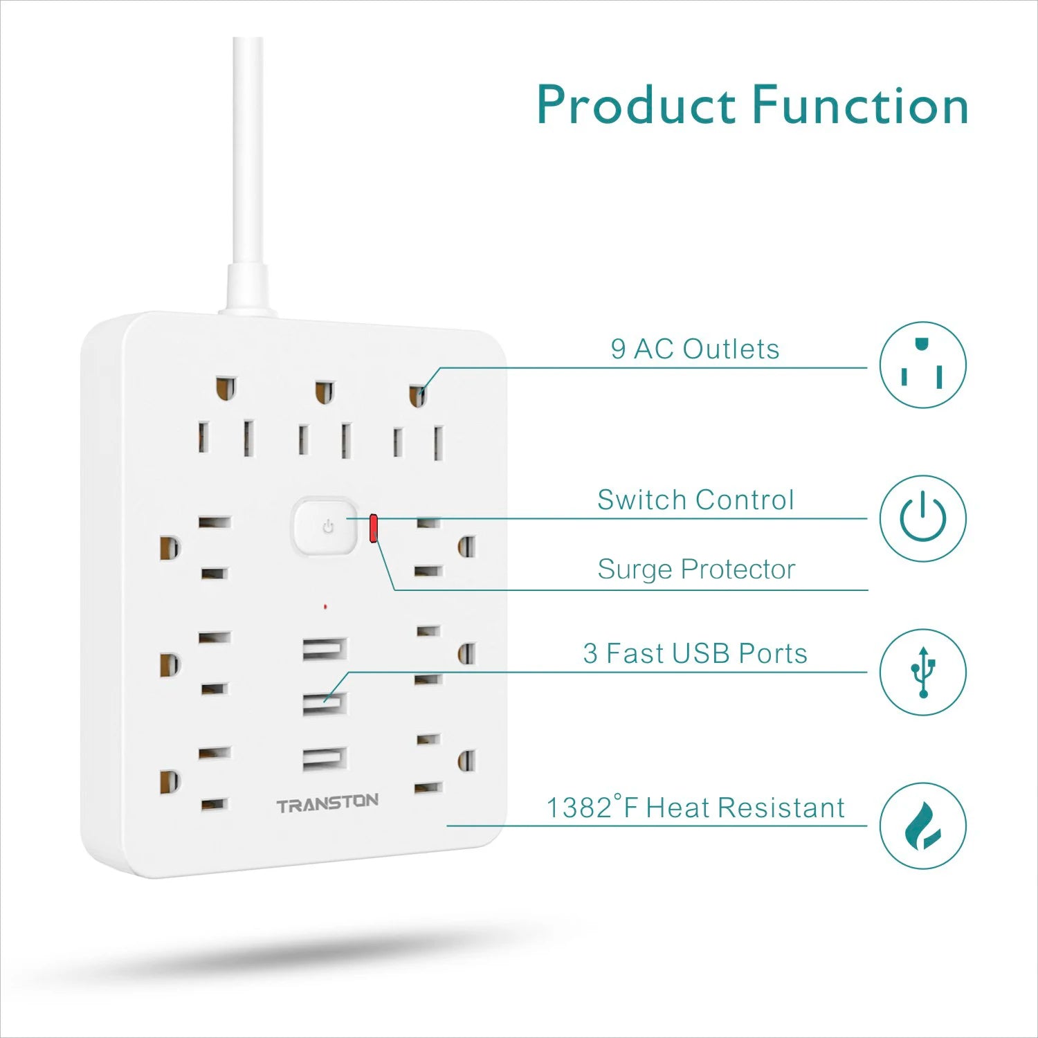 Surge Protected Power Outlet – 9 AC & 3 USB Ports with 5ft Extension Cord