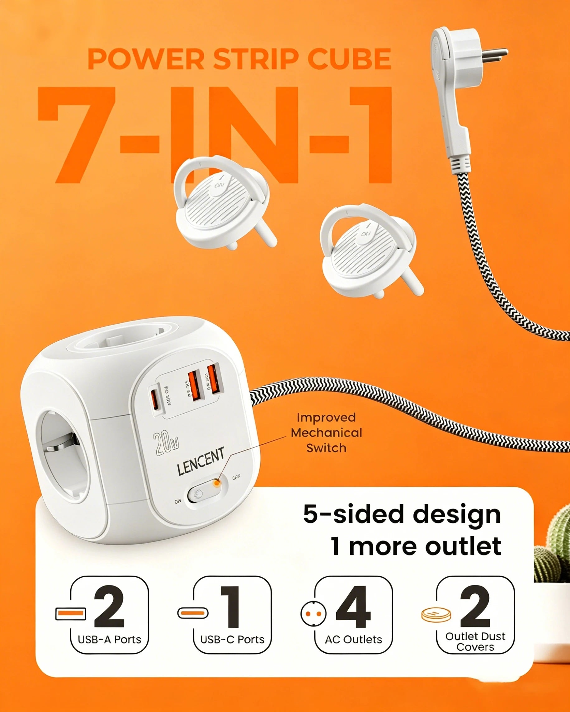 LENCENT Upgraded Power Strip Cube with  4 AC Outlets 3 USB Port 1 Type C 3M Braided Cable Multi Socket with Switch for Home
