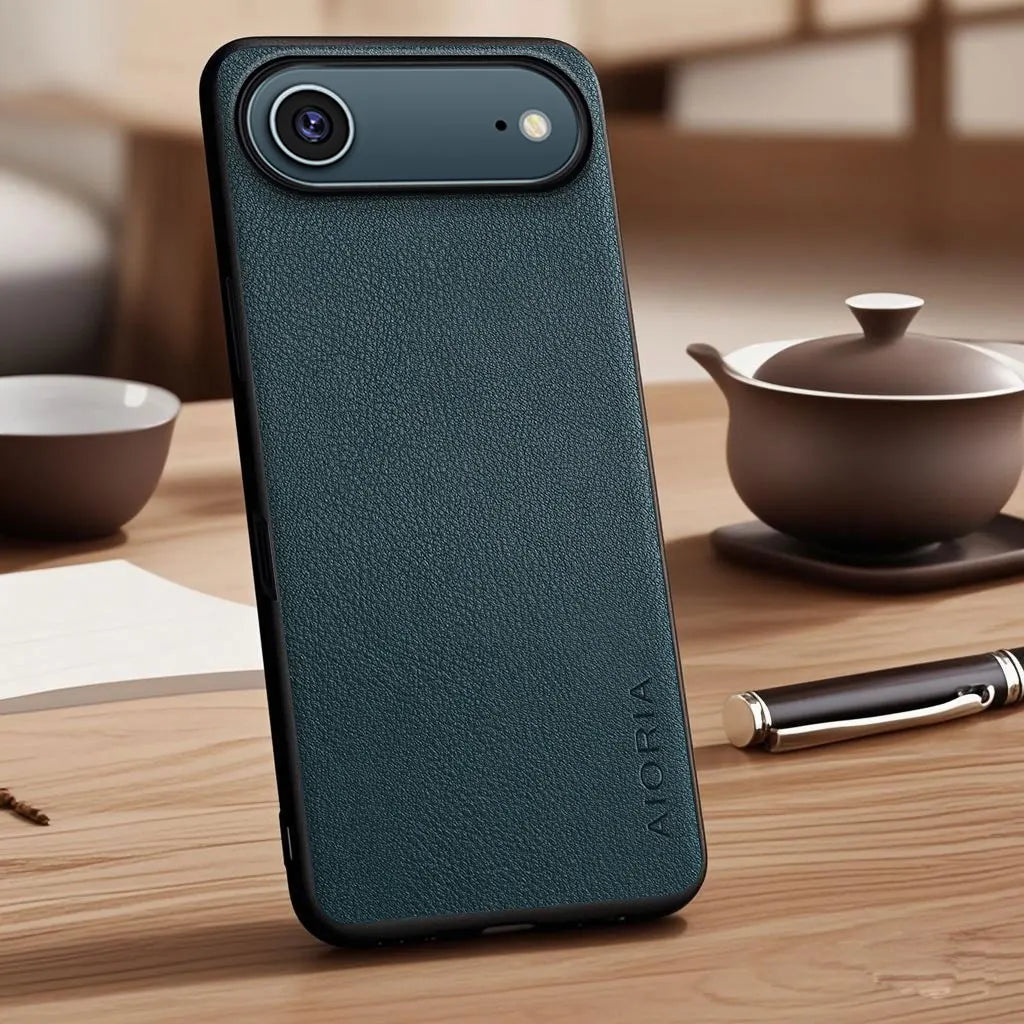 Vegan Faux Lychee Pebbled Leather Case for iPhone 15–17 Series – Soft Protective Cover
