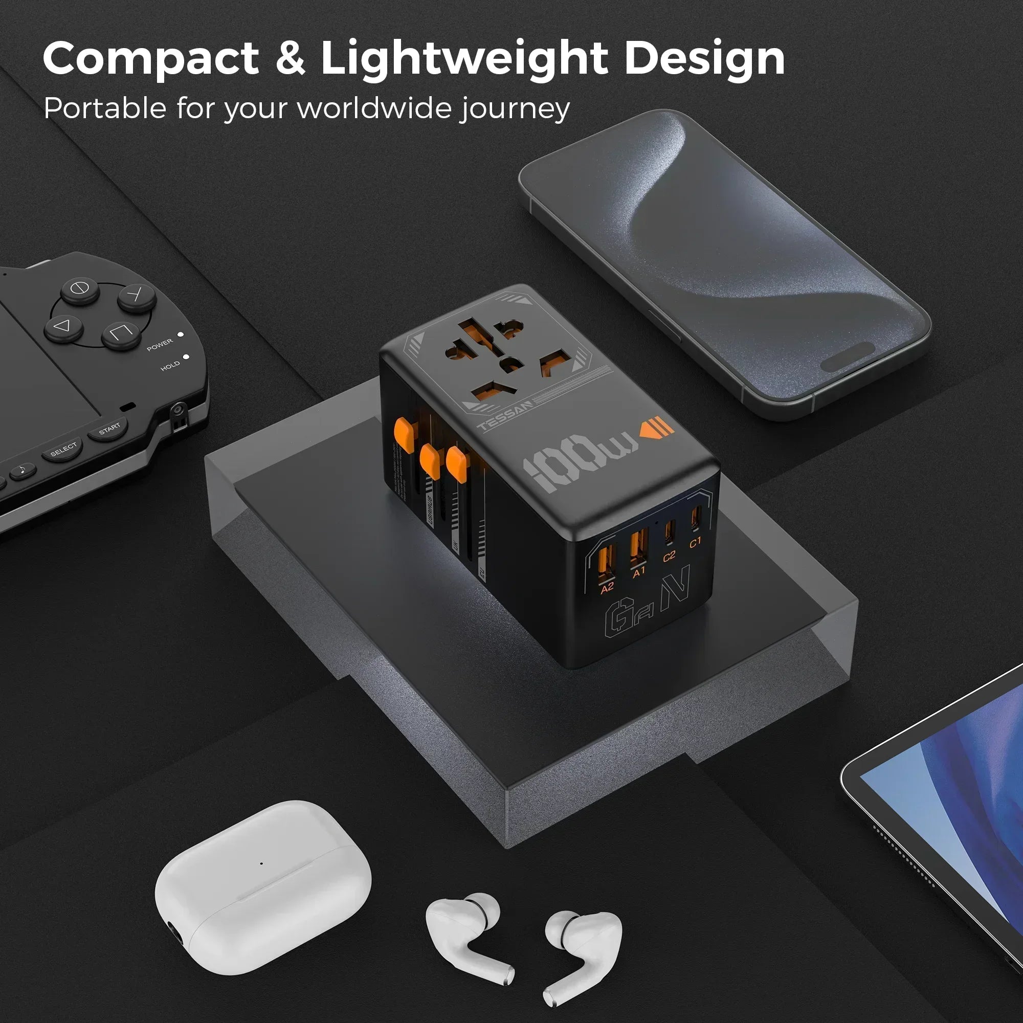 TESSAN 100W GaN Universal Travel Adapter – USB & Type-C Fast Charging