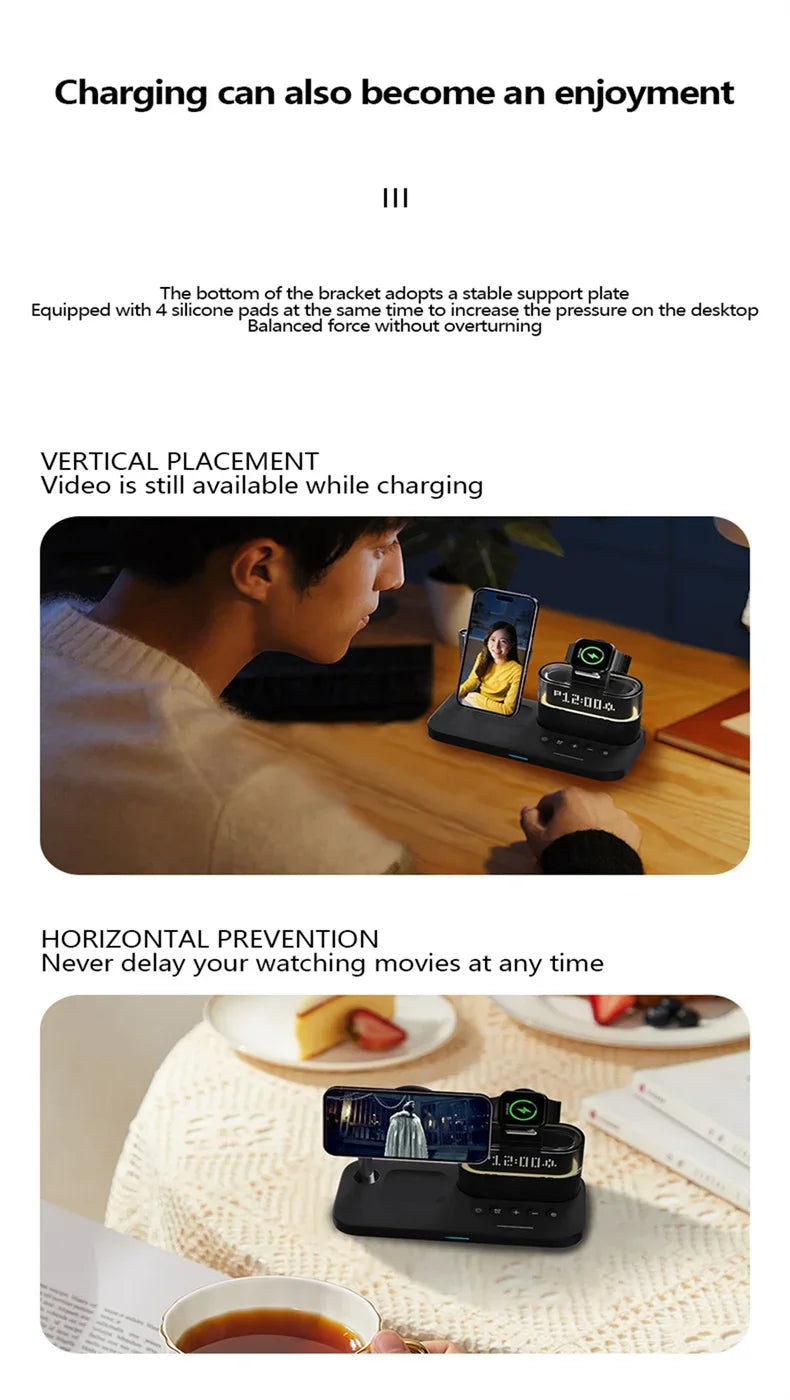 Magnetic 5-in-1 Wireless Charger – Night Light & Alarm Clock