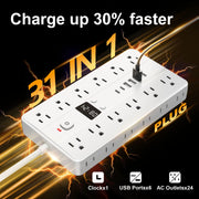 31-in-1 Multifunctional Power Socket – 24 AC Outlets, 4 USB & 2 USB-C with Time Display