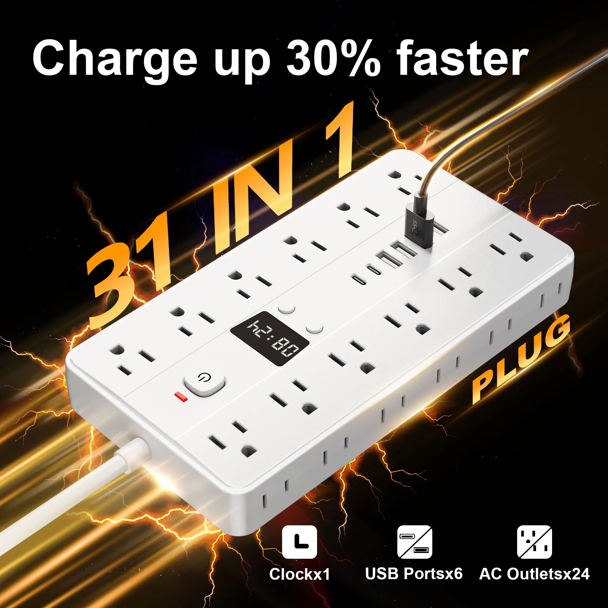 31-in-1 Multifunctional Power Socket – 24 AC Outlets, 4 USB & 2 USB-C with Time Display