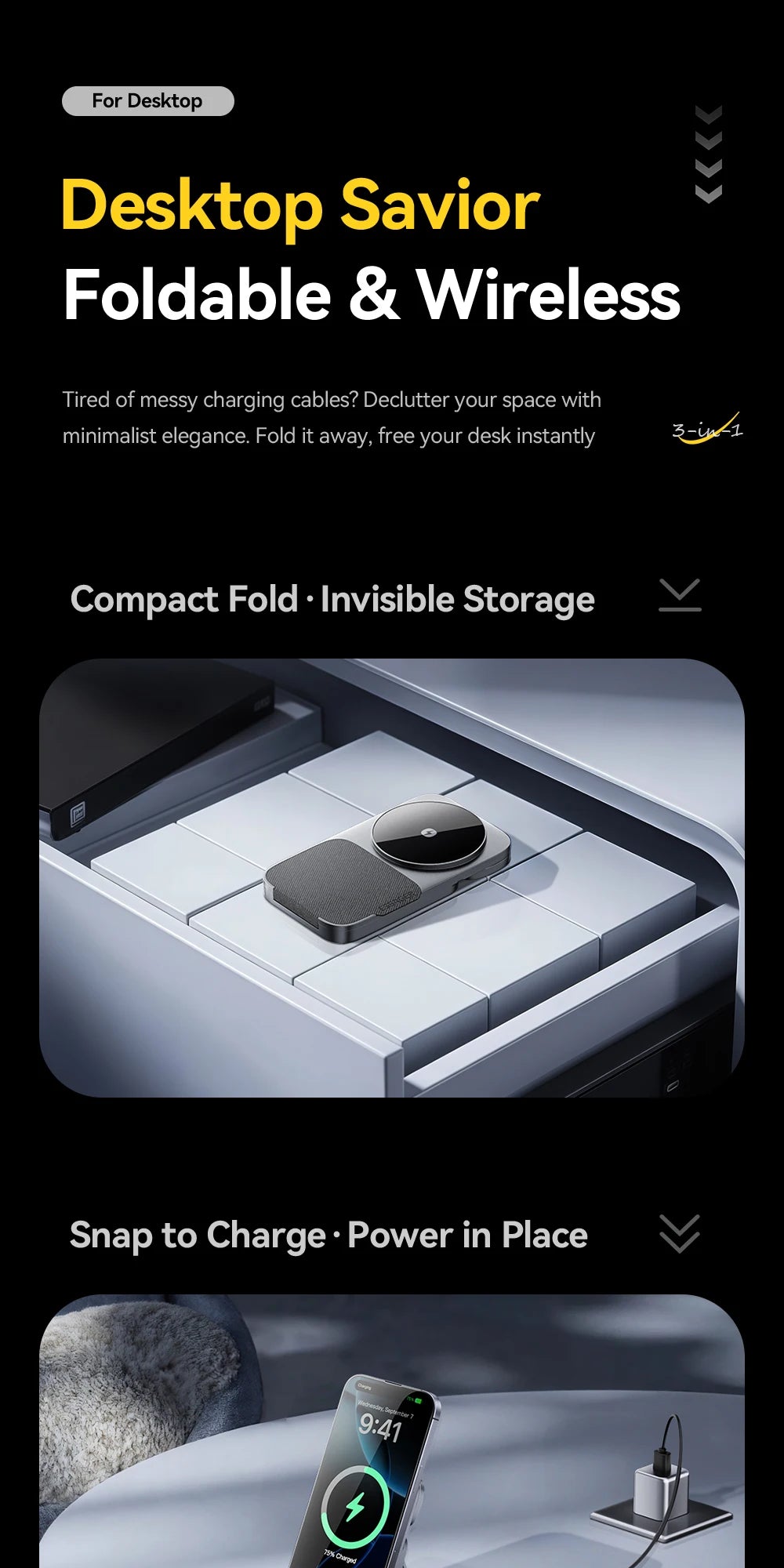 ESSAGER 3-in-1 Foldable Wireless Charger – 15W Optimized