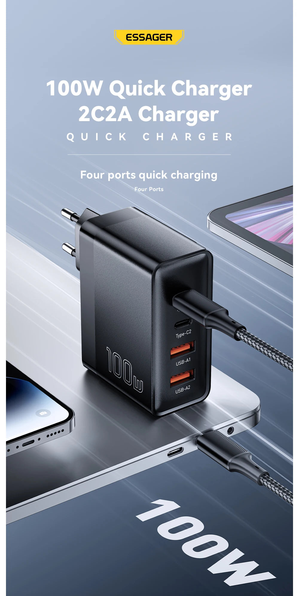 Essager 100W GaN USB-C Quick Charger – PD & QC for iPhone, Xiaomi, MacBook
