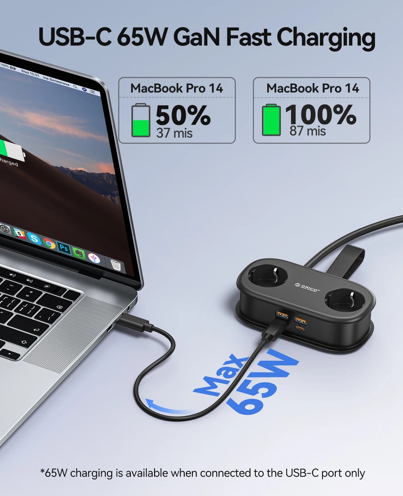 ORICO 65W GaN Power Strip – 2 AC Outlets, 2 USB & 1 USB-C