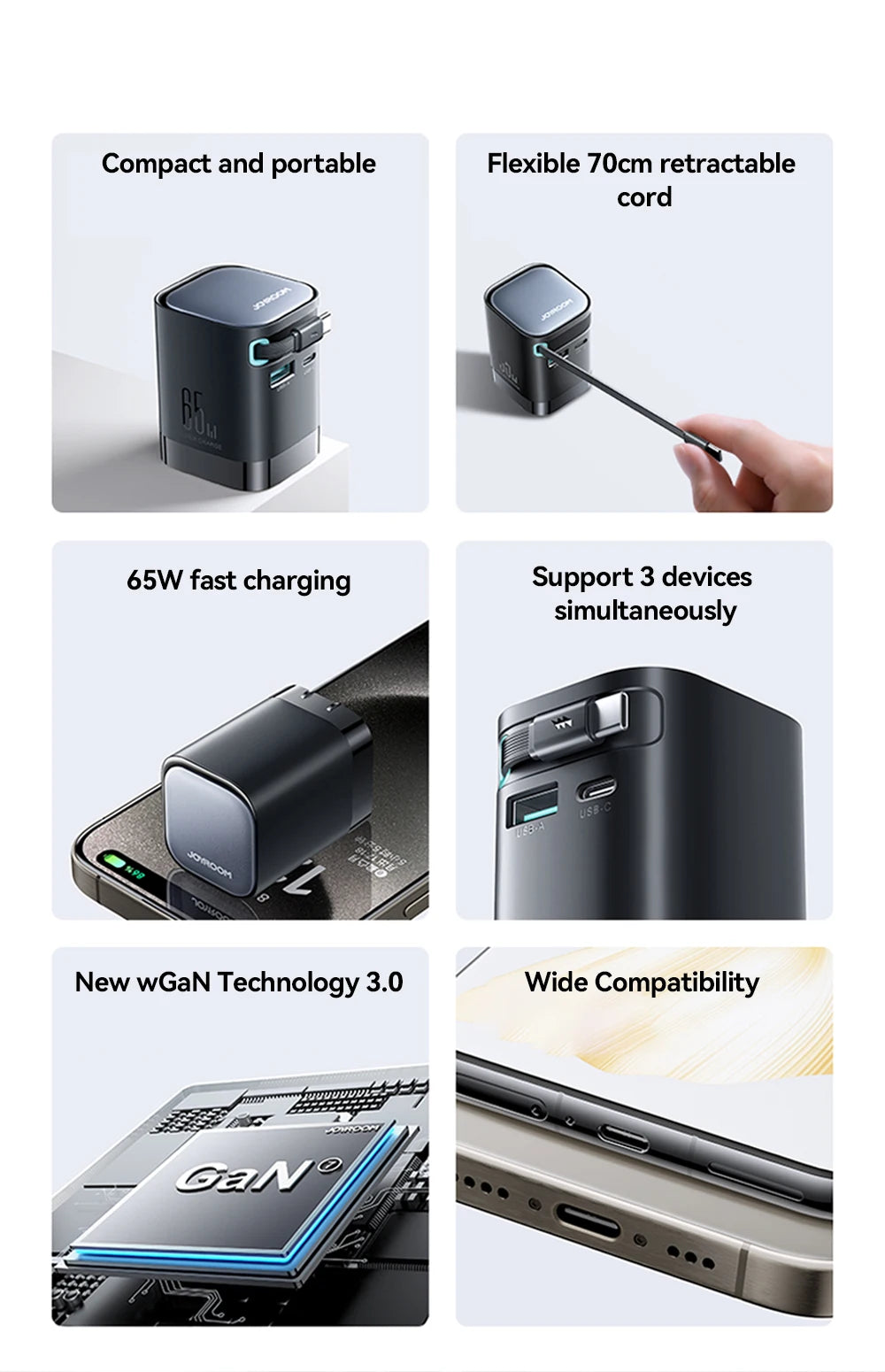 Joyroom 65W GaN PD 3.0 Fast Charger with Retractable USB-C Cable (EU Plug)