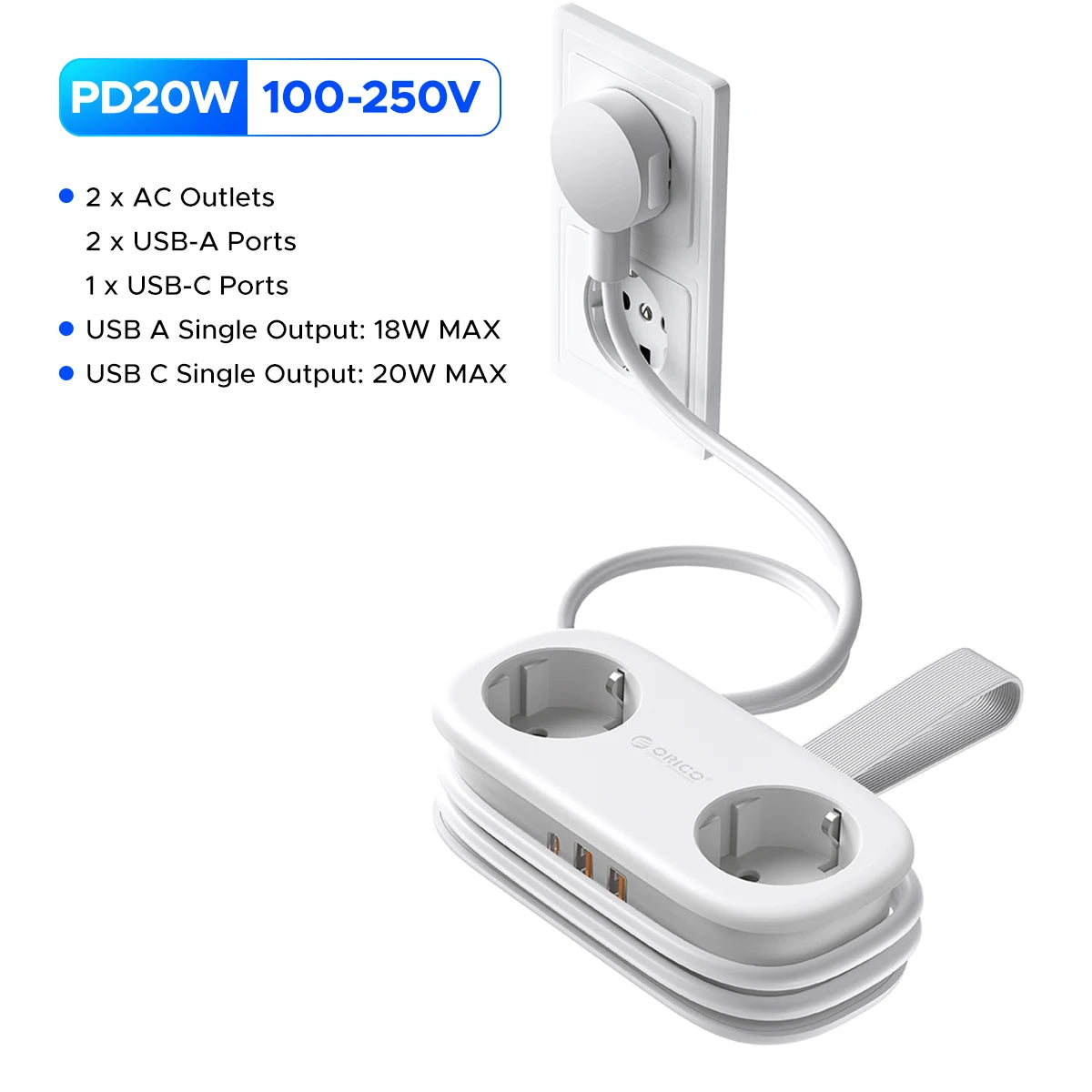 ORICO Power Strip with USB-C – 2 AC Outlets, 2 USB Ports & USB-C Fast Charging (EU Plug)