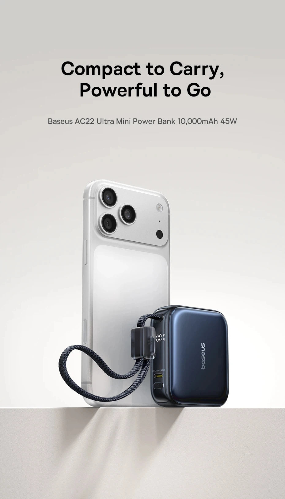 Baseus 45W Mini Power Bank 10000mAh Built-In USB-C Cable Pocket-Sized Smaller Fast Charging Portable For iPhone 17 Samsung S25