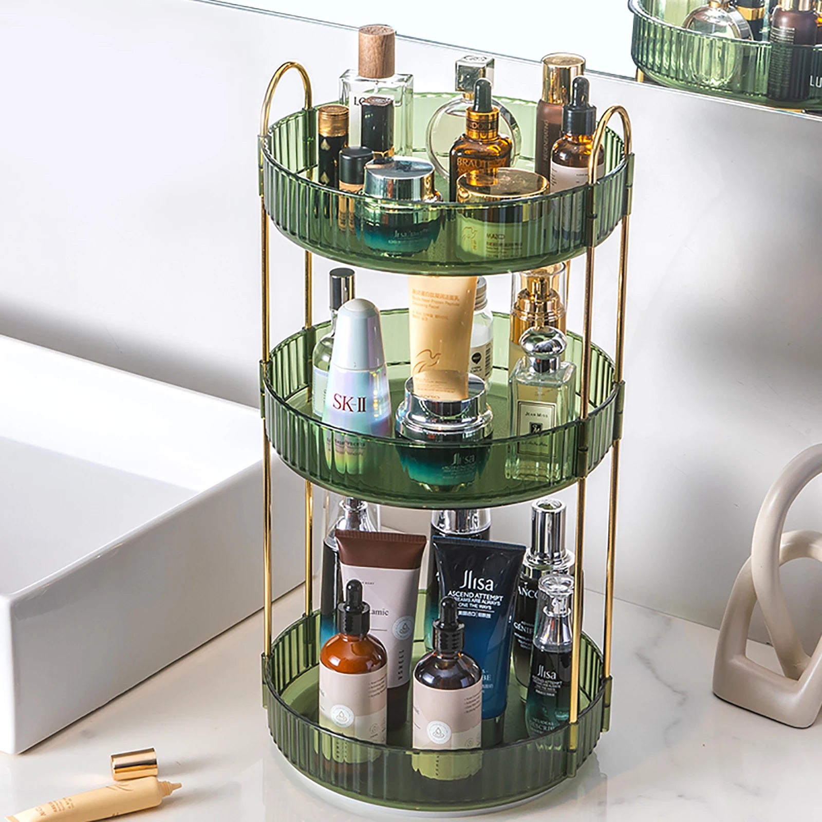 High-Capacity Cosmetic Organizer – 3-Tier Rotating Vanity Storage