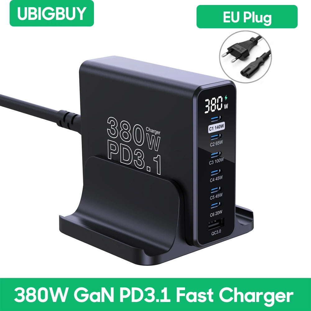 Ubigbuy 380W GaN USB C Charger PD 3.1 140W 100W PPS 45W Fast Charging Station LCD Display for iPhone 15 Samsung MacBook Pro/Air