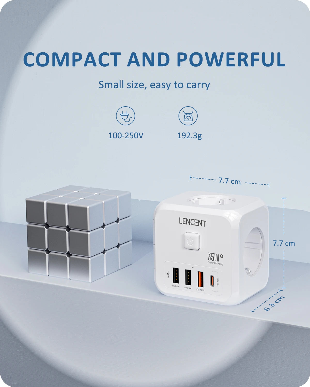 LENCENT 7-in-1 EU Power Strip – 3 AC + 3 USB + Type-C PD 35W Fast Charger