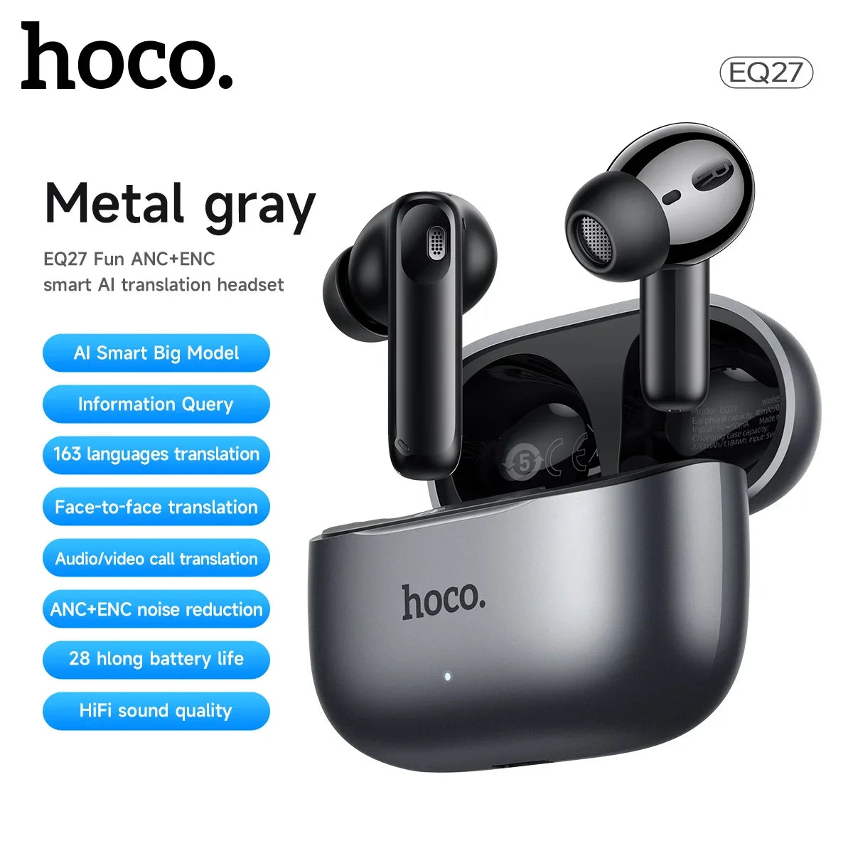 HOCO EQ27 AI ANC+ENC Bluetooth Earbuds – Smart Translation, HiFi Sound