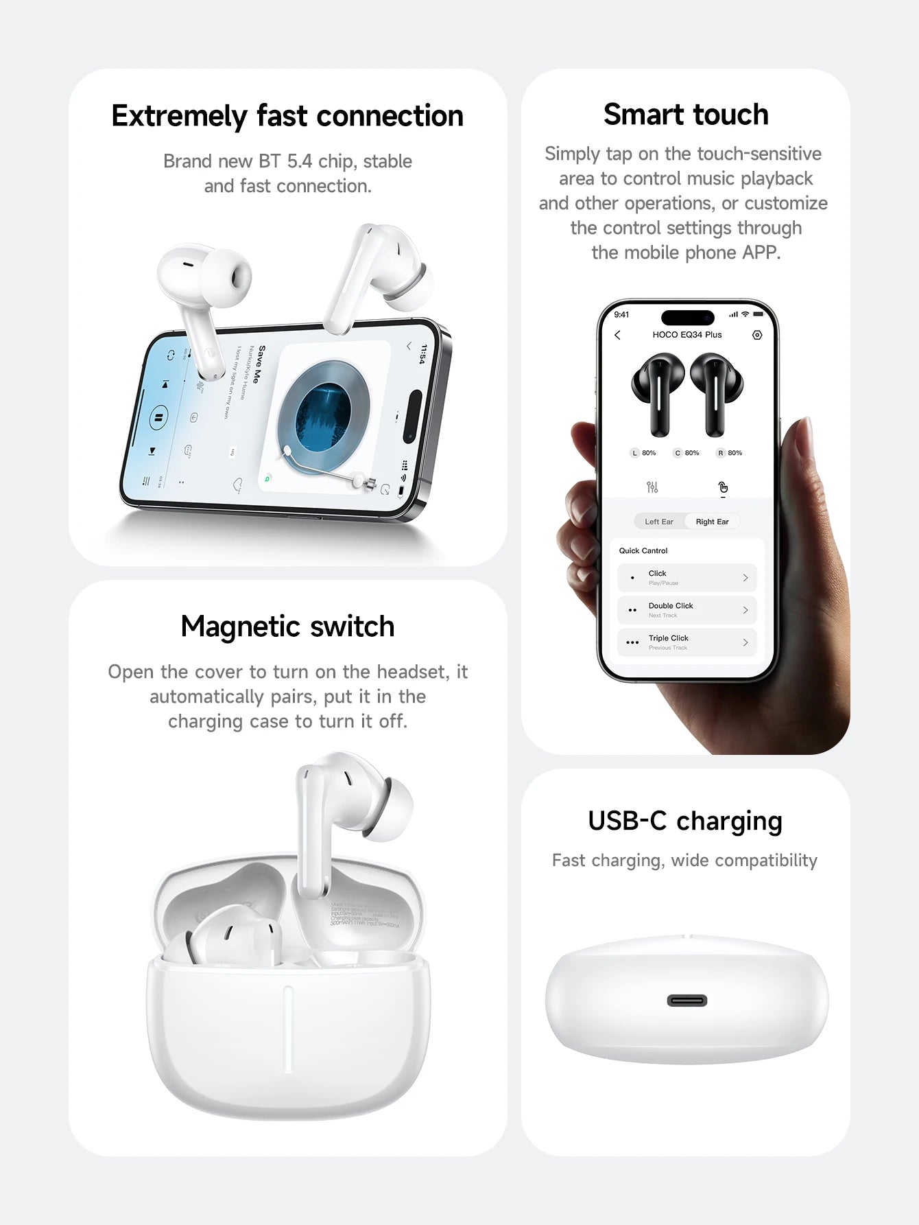 HOCO ANC Acitve Noise Reduction Wireless Bluetooth 5.4 Earbuds With App Control EQ Sound HiFi Sports Music Earbuds 28H Standby