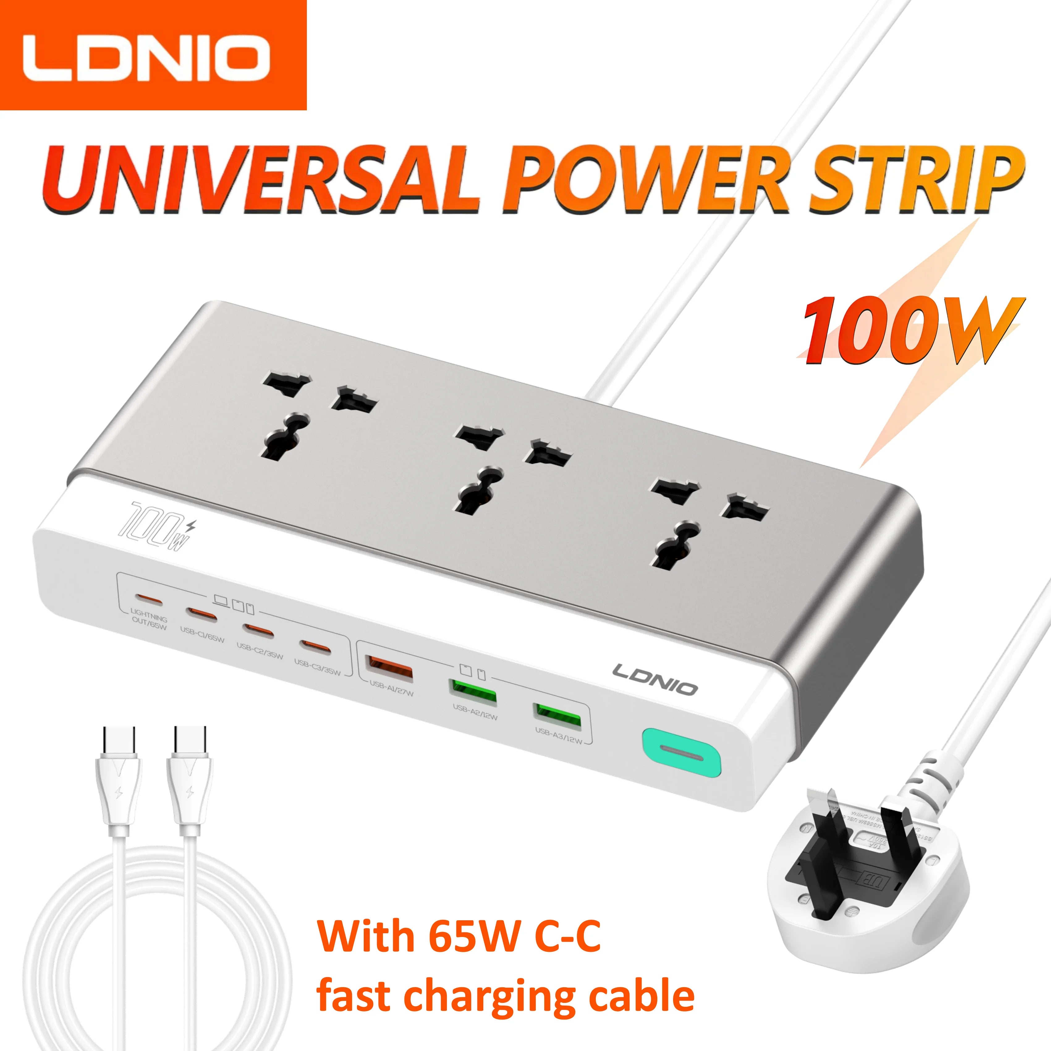 LDNIO 100W Desktop Power Strip – Universal AC Outlet with 65W USB-C Fast Charging & 2500W Power Station