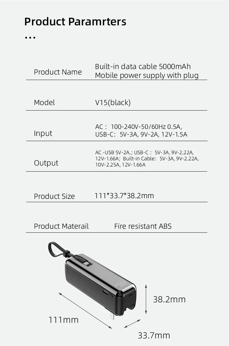 5000mAh Mini Power Bank – 20W Fast Charging with Cable