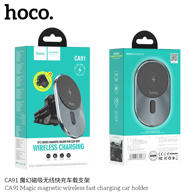 HOCO CA91 Magnetic wireless Fast charging Phone Holder in car 15W Mobile Charger Auto air Outlet Navigation Bracket