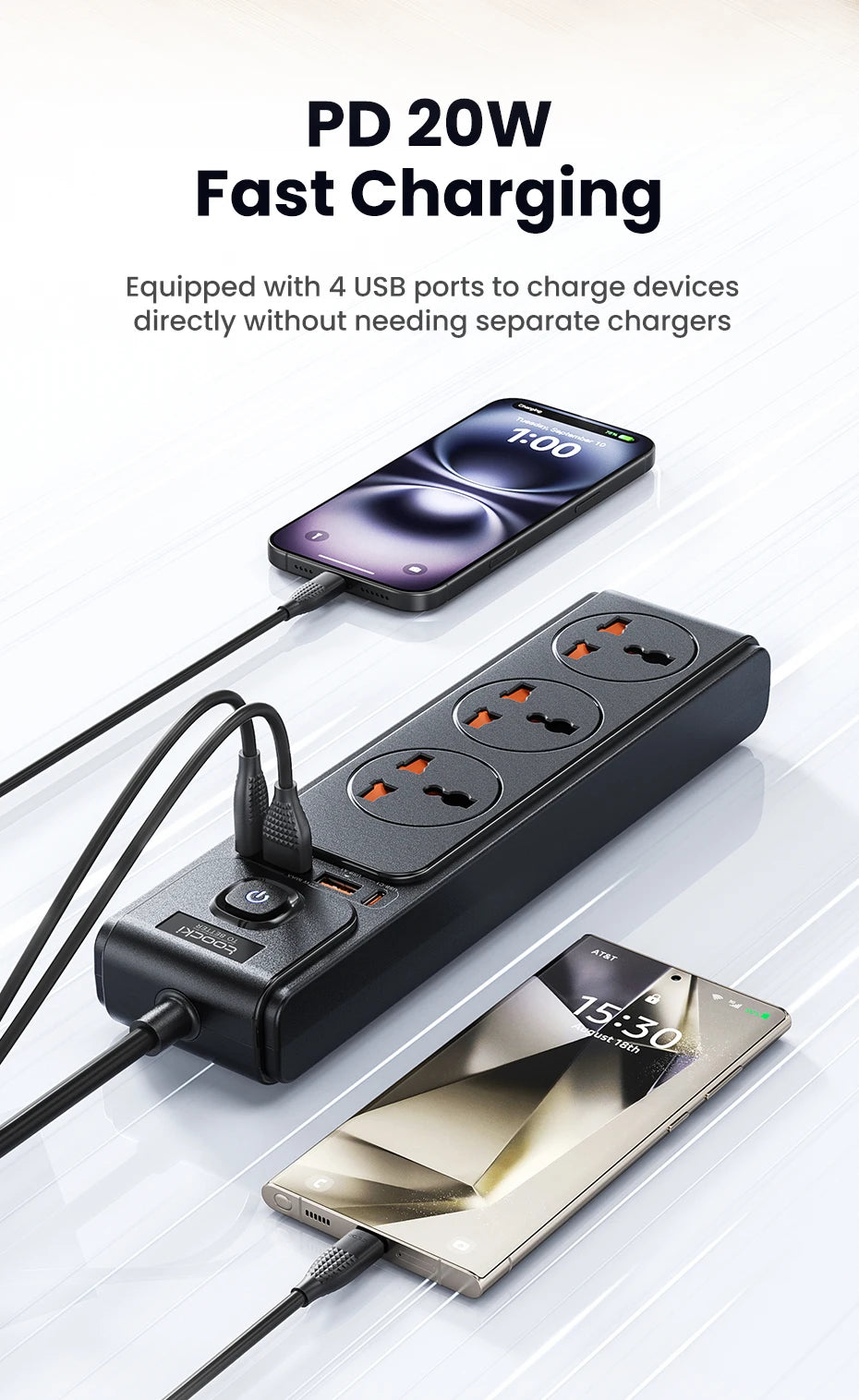 Toocki PD20W GaN Versatile Power Strip 2500W Max Universal 3AC Outlet EU UK US Plug Adapter Electrical Socket 2M Extension Cable