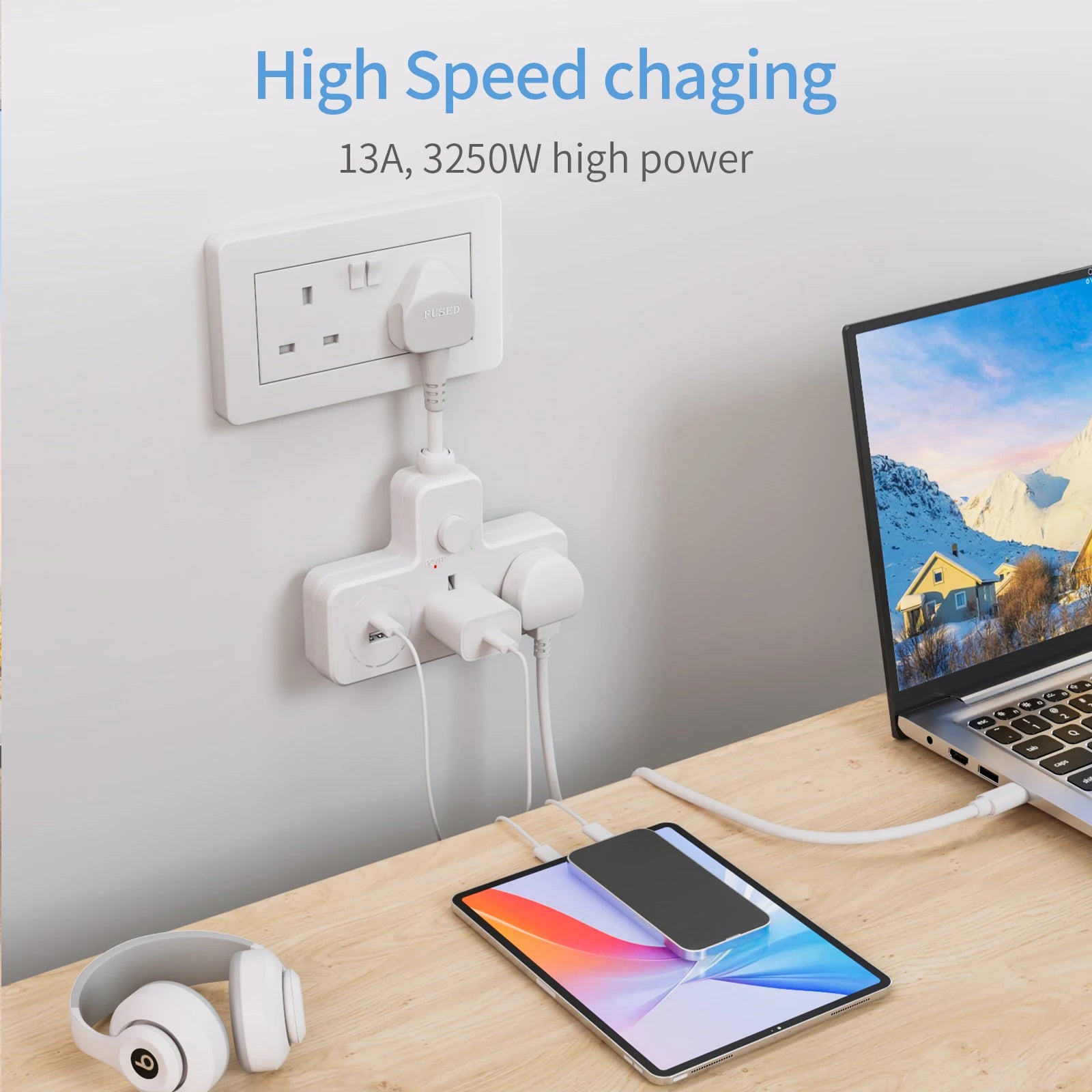 13A UK Power Strip Travel Adapter – AC Outlets with USB Ports