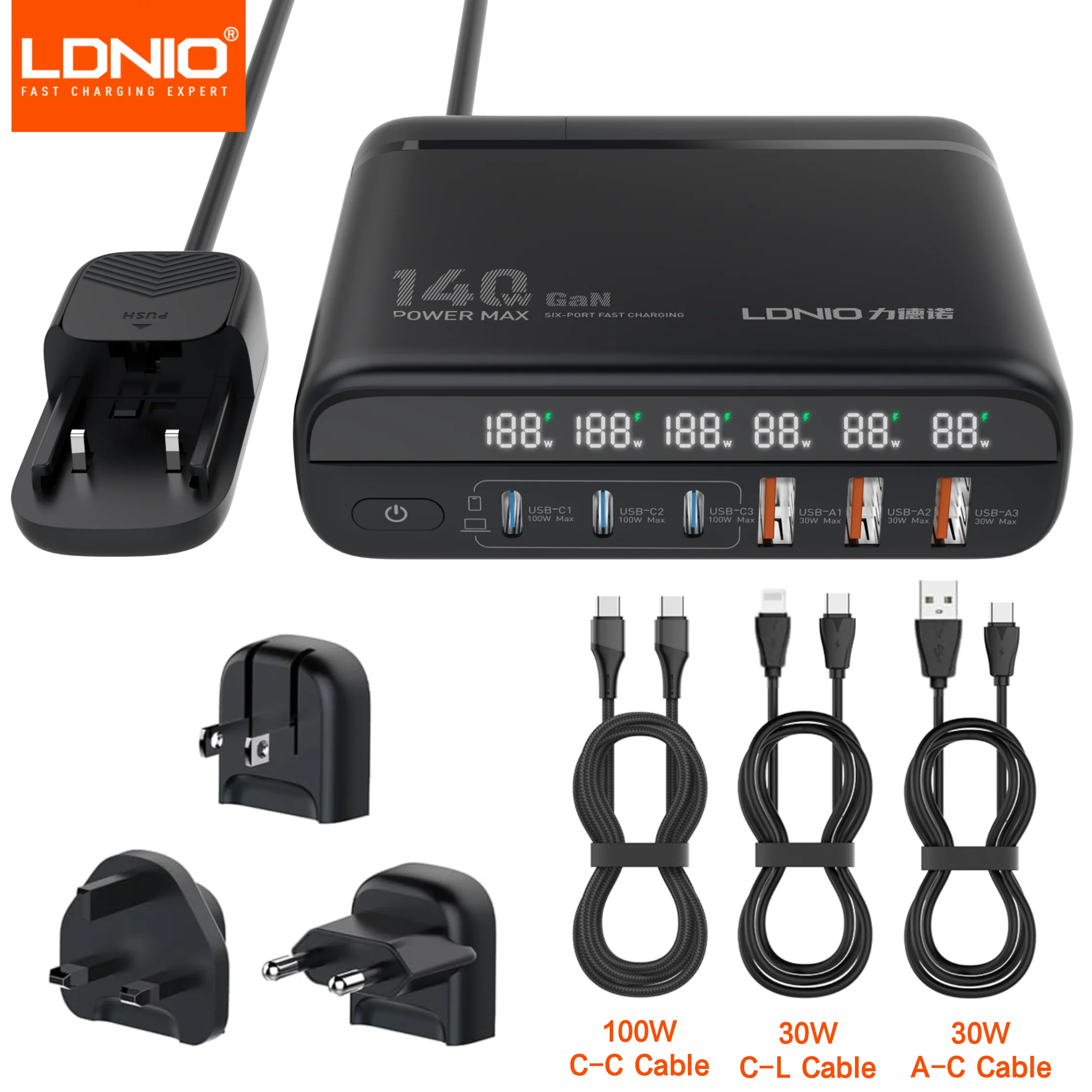 LDNIO 140W GaN International Travel Adapter – Universal AU/US/UK/EU Plug with 100W USB-C Fast Charging & LED Display