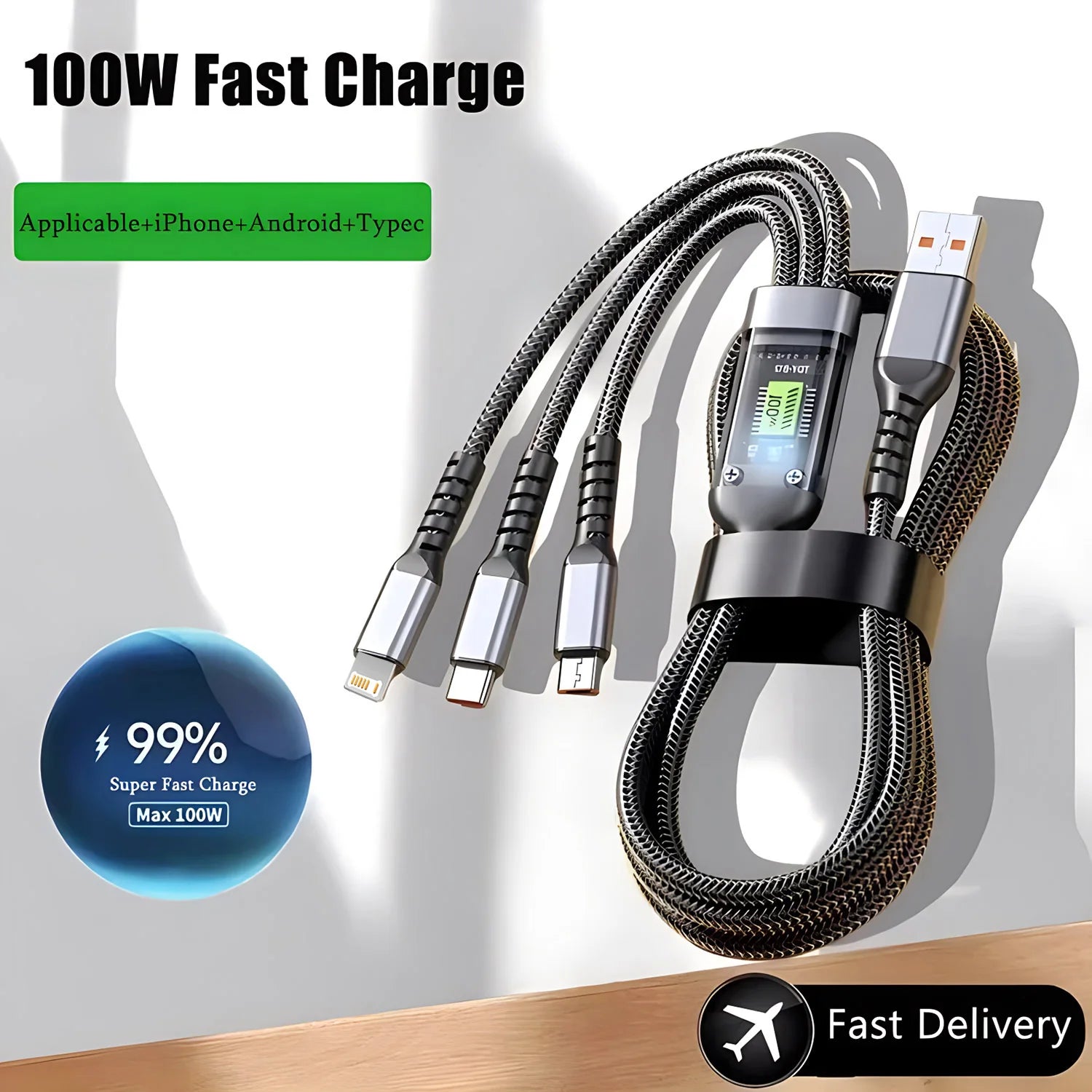 100W 3-in-1 Fast Charging Cable – USB, Type-C & Micro USB