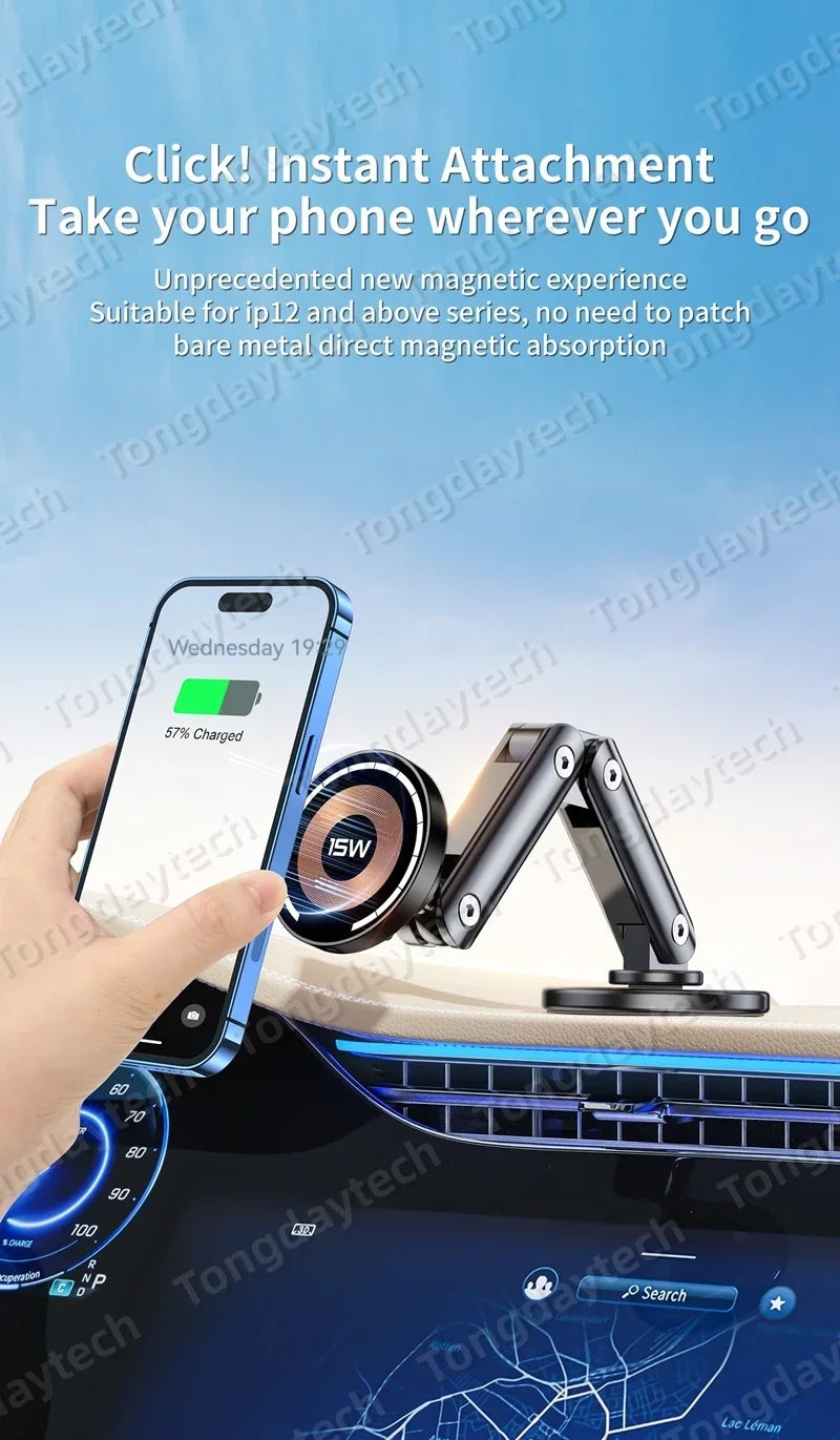 Magnetic Car Charger Holder – 15W Wireless Fast Charge