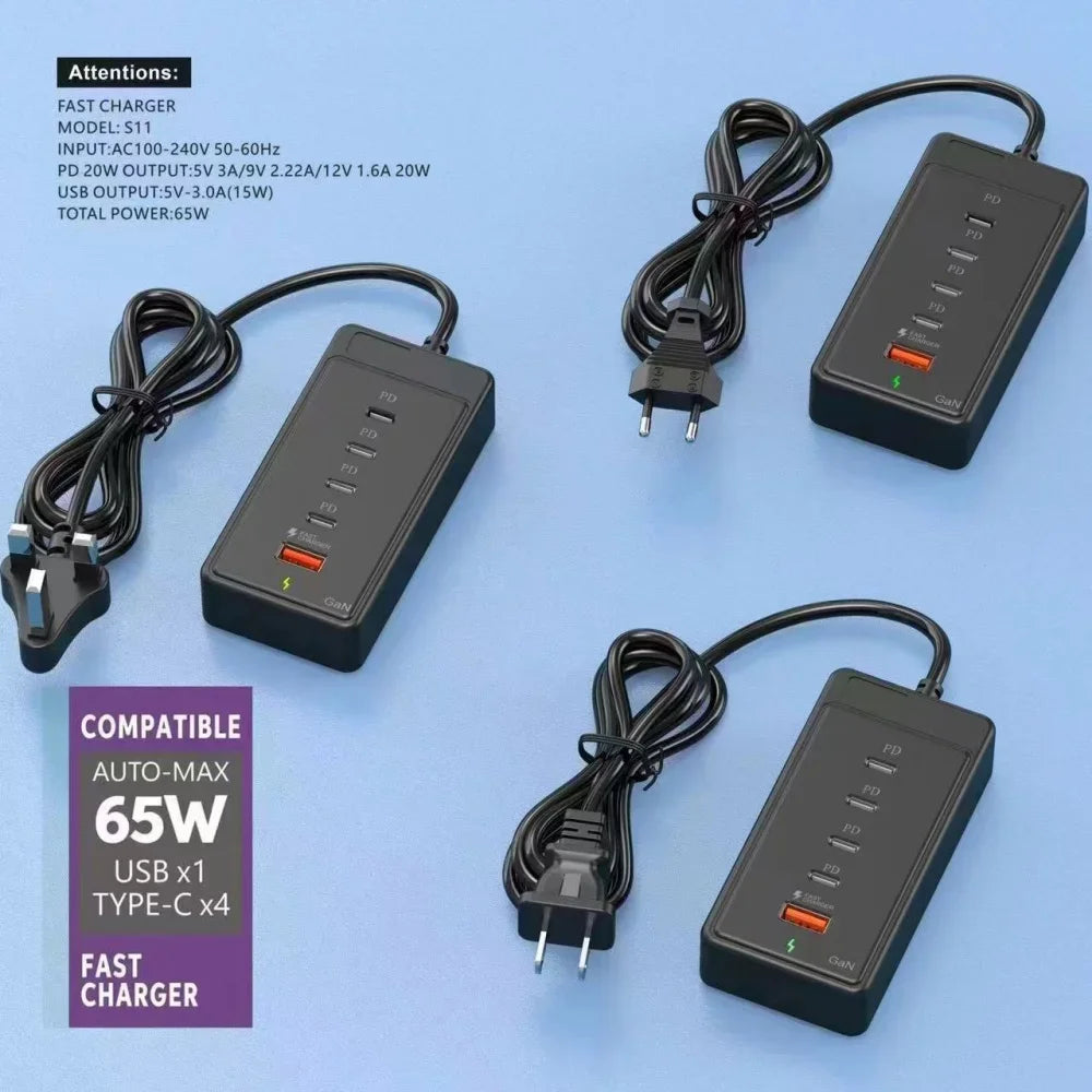 65W USB-C Fast Charging Hub – Multi-Port Wall Charger with 1M Extension Power Socket