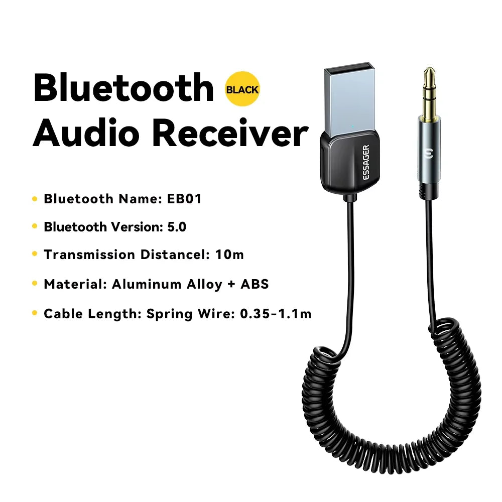 Essager Bluetooth Car Audio Cable 5.0 Transmitter Wireless Receiver Car AUX 3.5mm Jack Adapter Bluetooth Adapter Audio Cable