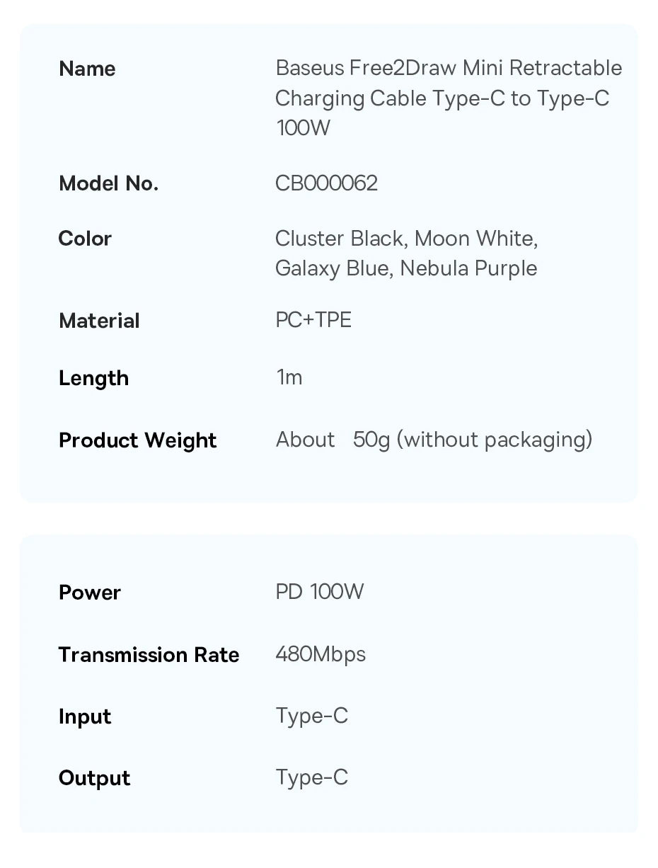 Baseus 100W Retractable USB-C Cable – Fast Charging