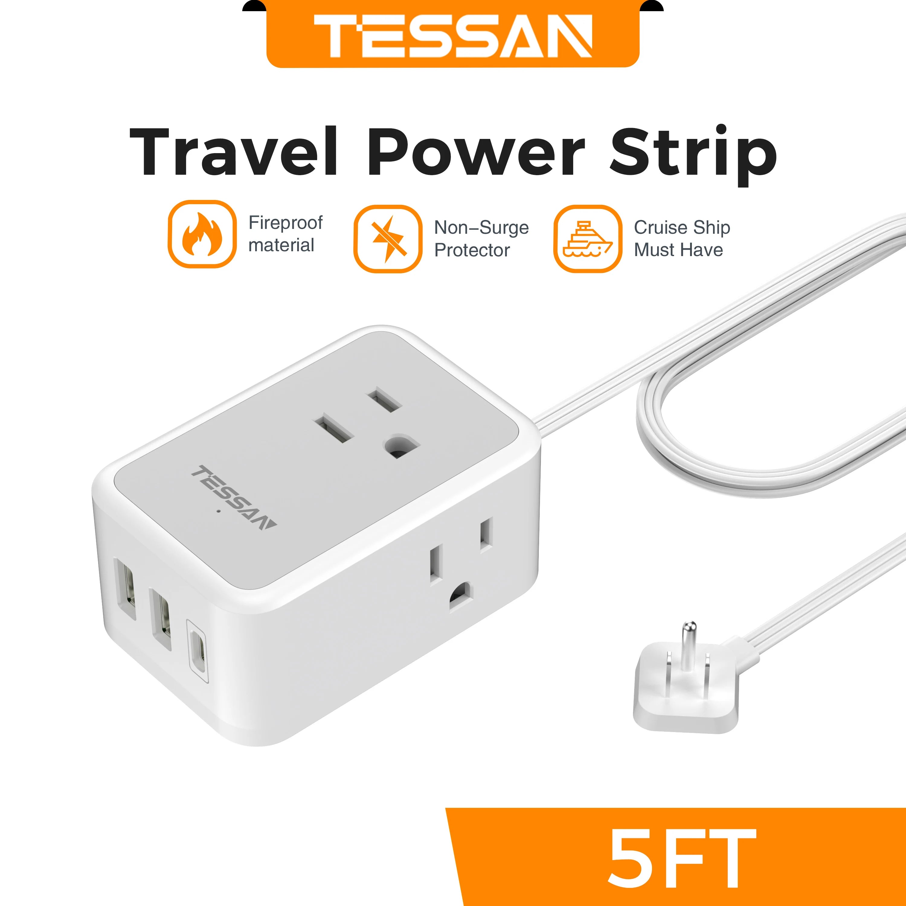 TESSAN Mini Power Strip – Ultra-Thin Design with 3 AC Outlets & 3 USB Ports