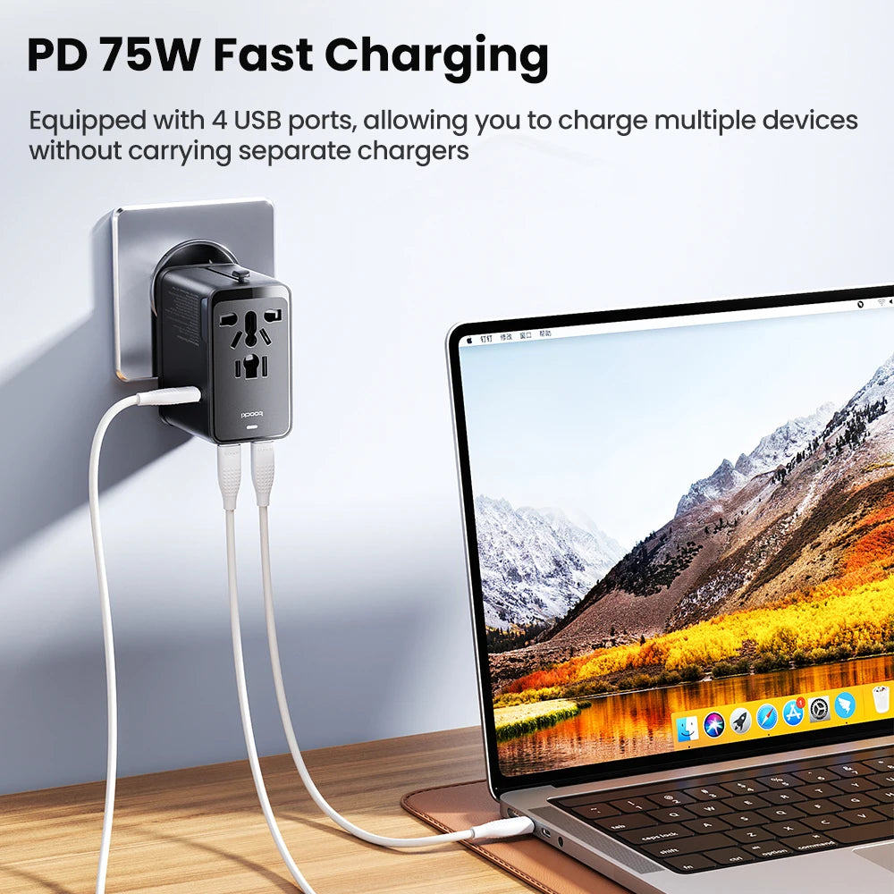 TOOCKI 75W GaN Universal Travel Adapter – Worldwide Plug with 45W USB-C Fast Charging