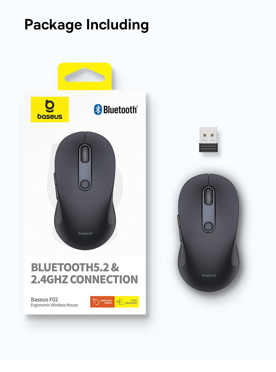 Baseus F02 Wireless Mouse – Ergonomic & Bluetooth