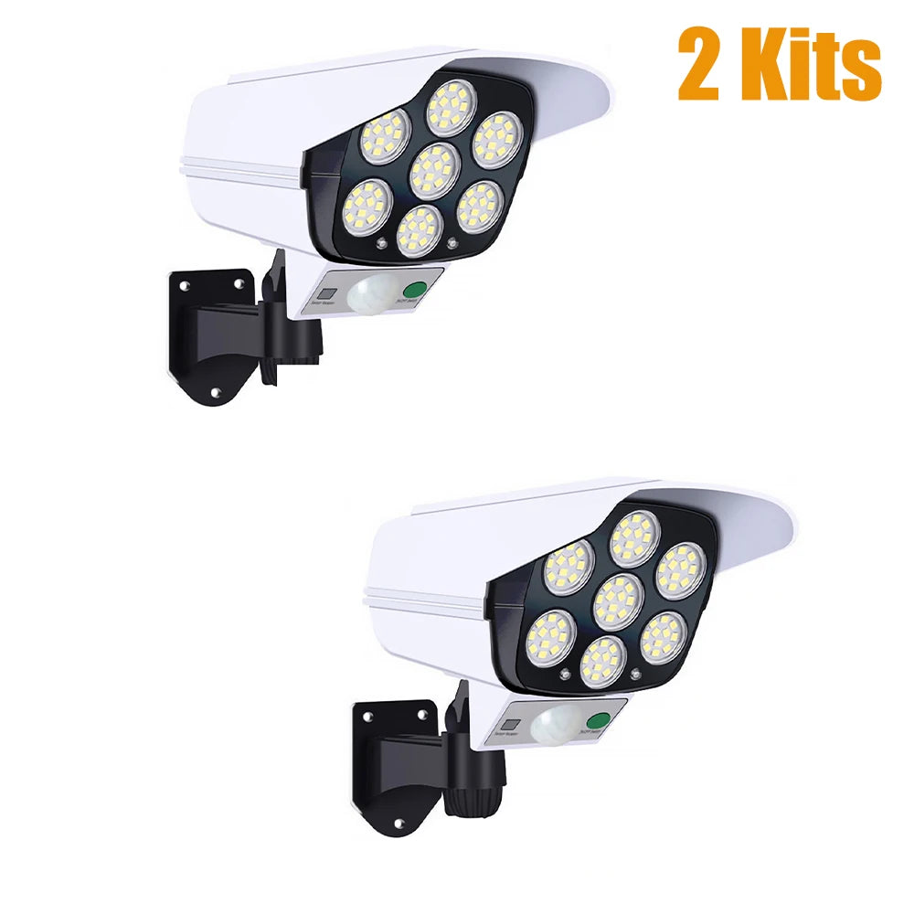 Outdoor Motion Sensor Solar Lights 77 LED FloodLight Waterproof Wireless Dummy Decoy Fake Security Camera for Porch Garden Patio
