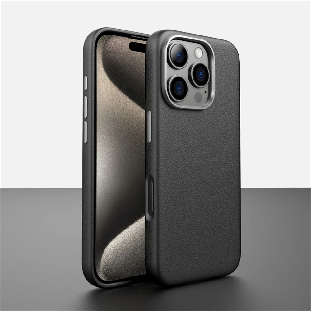 Luxury Business Metal Camera PU Leather Magnetic Case for iPhone 15–17 Series – MagSafe Wireless Protective Cover