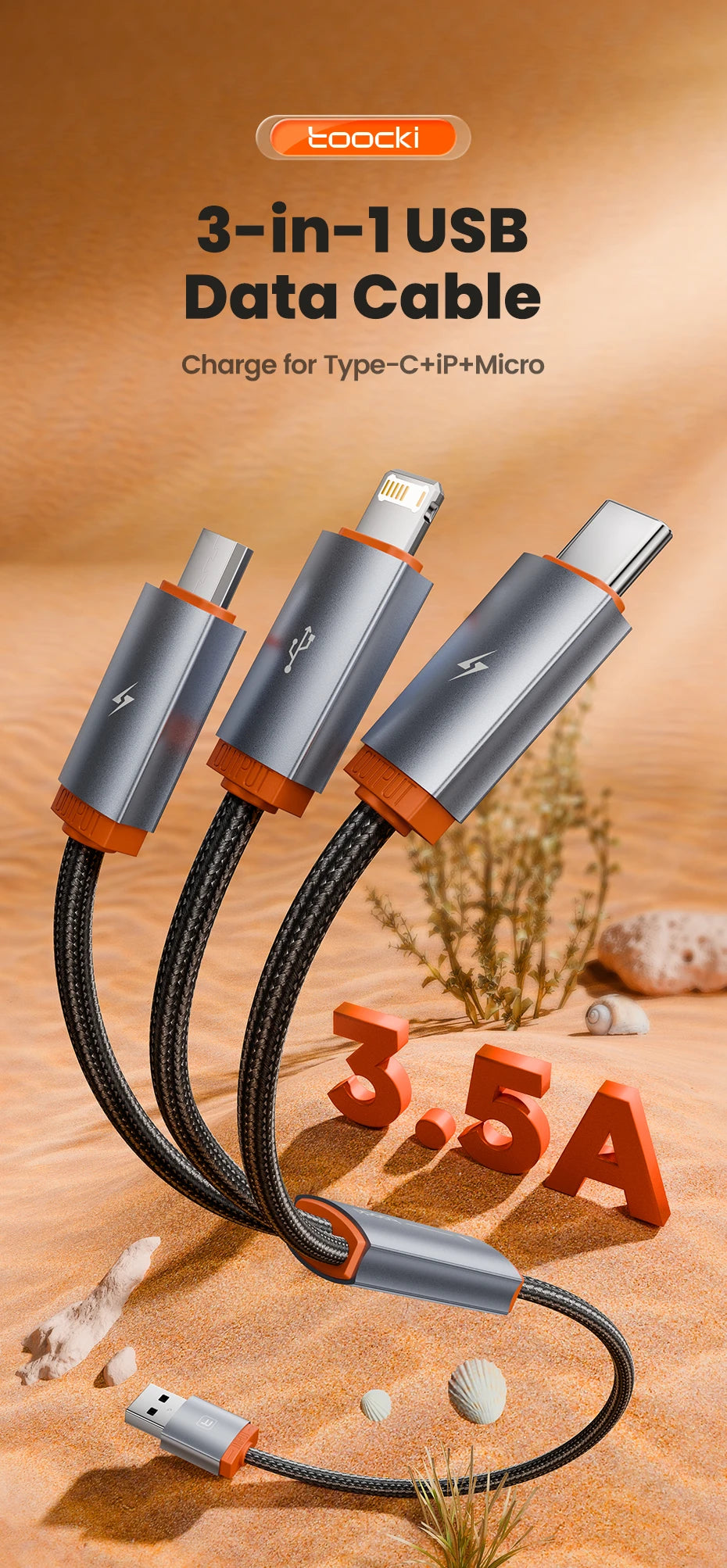 TOOCKI 3-in-1 Fast Charging Cable – USB-C, Lightning & Micro USB Multi Charging Cable
