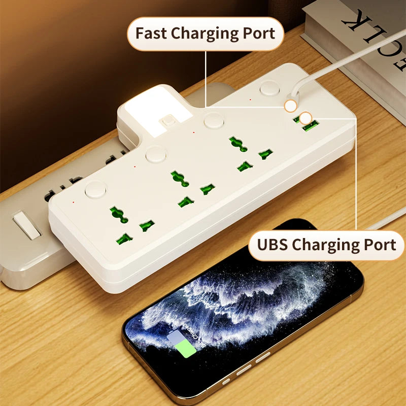 7-in-1 EU US UK AU Power Strip, Independent switch socket Power Strip 3 AC Outlets 2 USB 1 Type-C, Equipped USB charging adapter