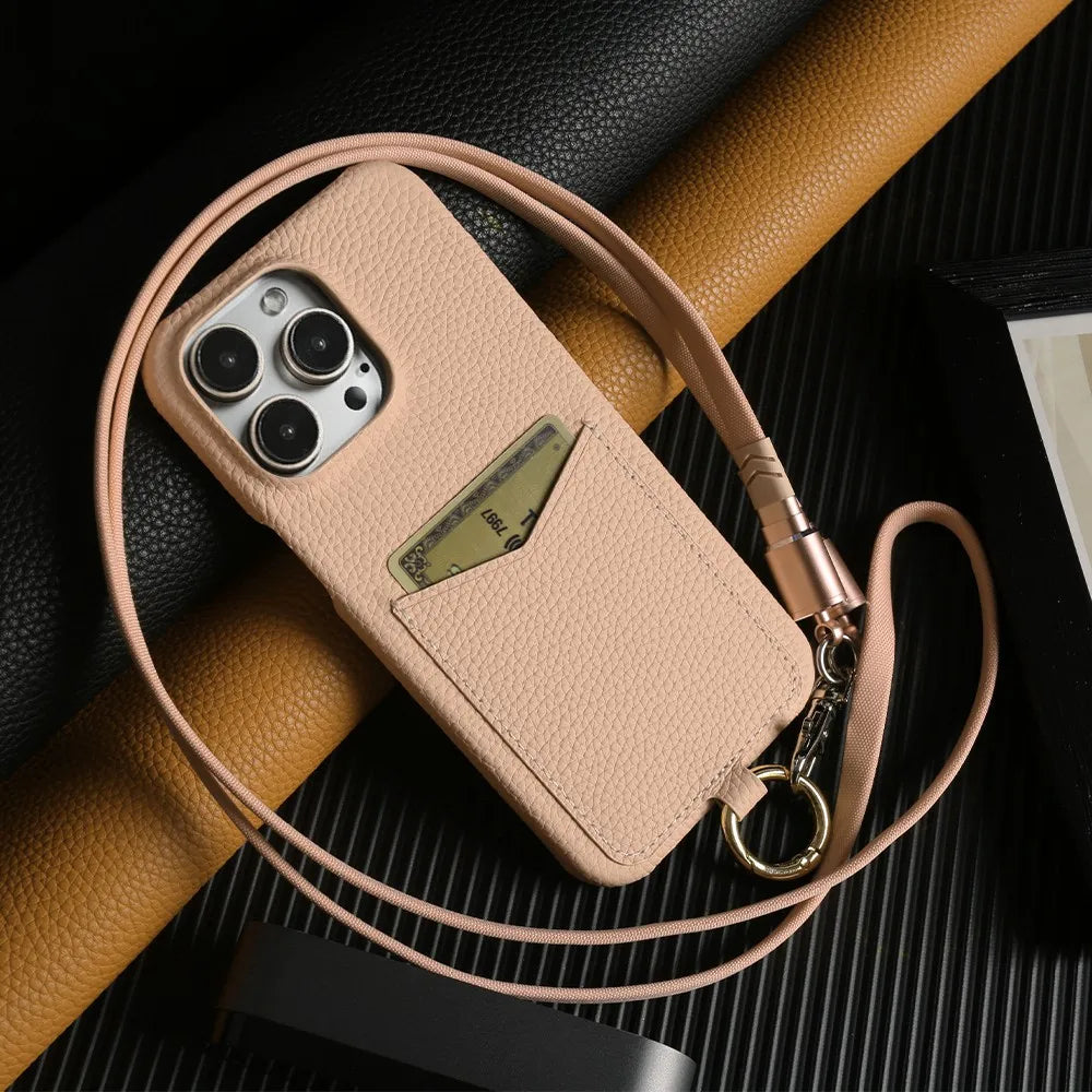 Multifunctional Charging Cable Lanyard Genuine Leather Case For iPhone 16 Pro Max 15Pro 11 13 12 14Pro Crossbody Strap Card Slot