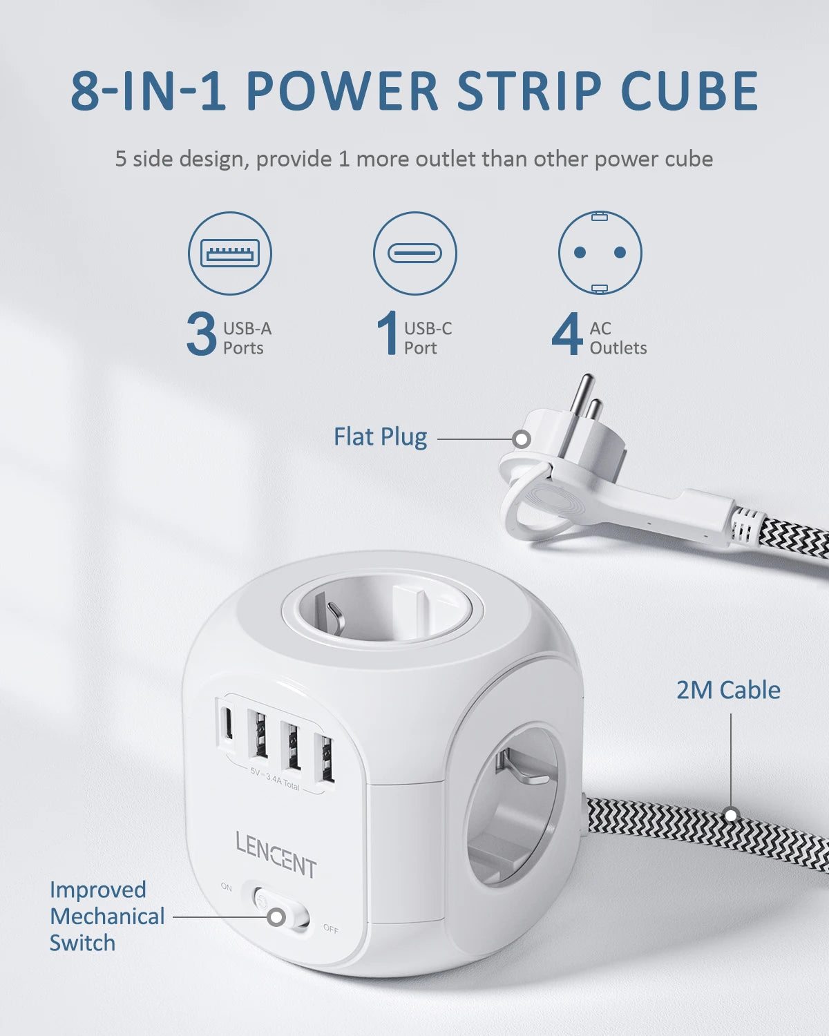 LENCENT Upgraded Power Strip Cube with  4 AC Outlets 3 USB Port 1 Type C 3M Braided Cable Multi Socket with Switch for Home