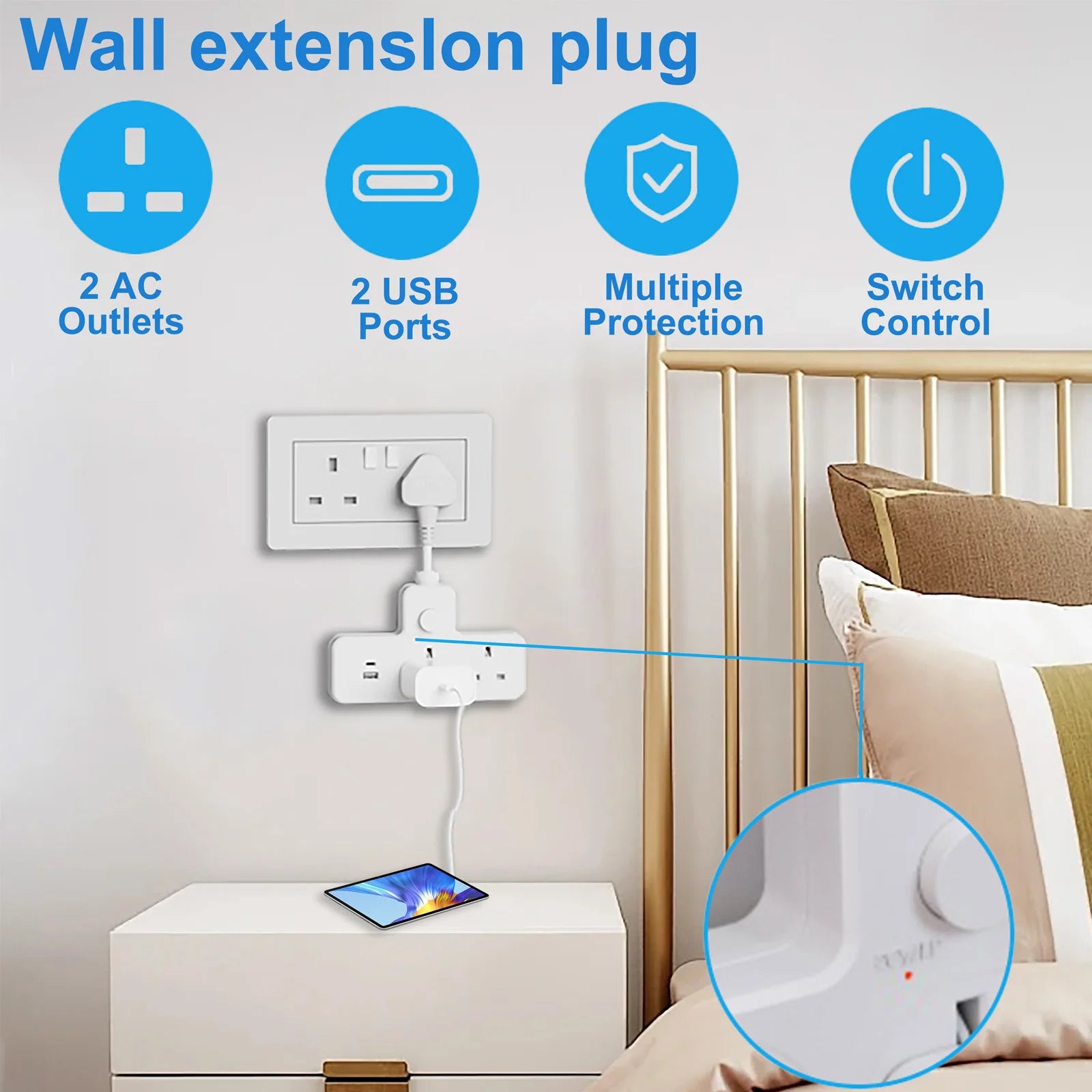 13A UK Power Strip Travel Adapter – AC Outlets with USB Ports