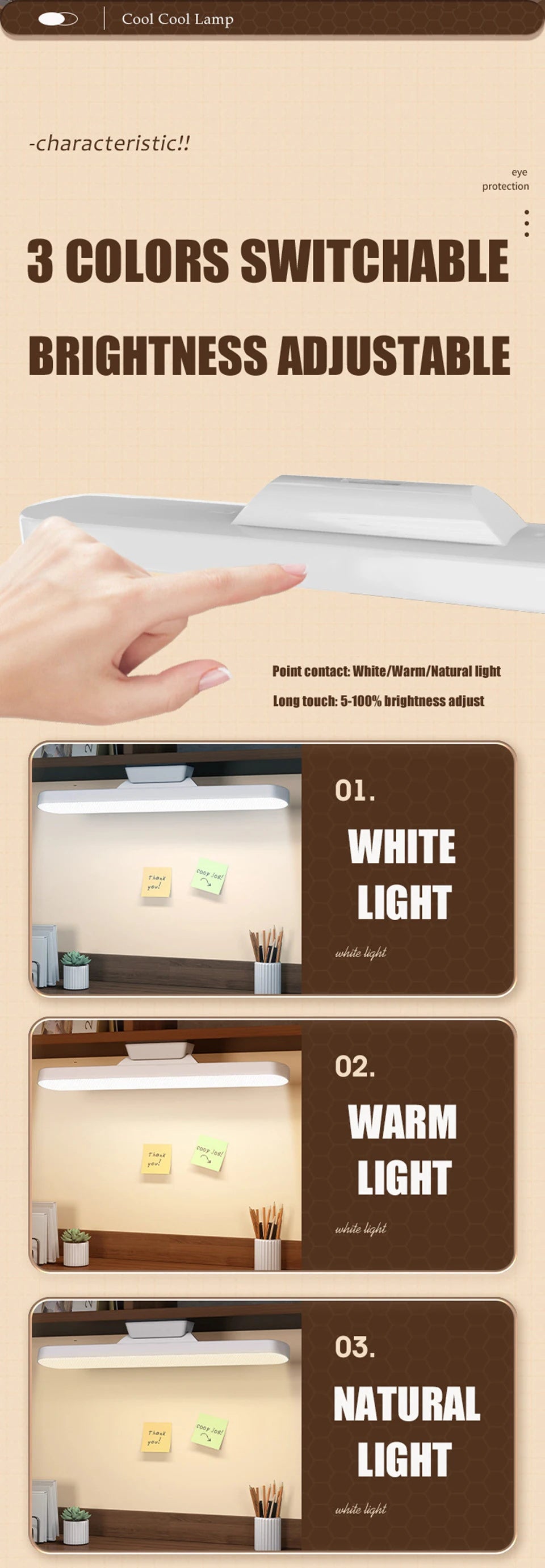 Magnetic LED Table Lamp – USB Rechargeable, 3 Color Dimmable Reading Light