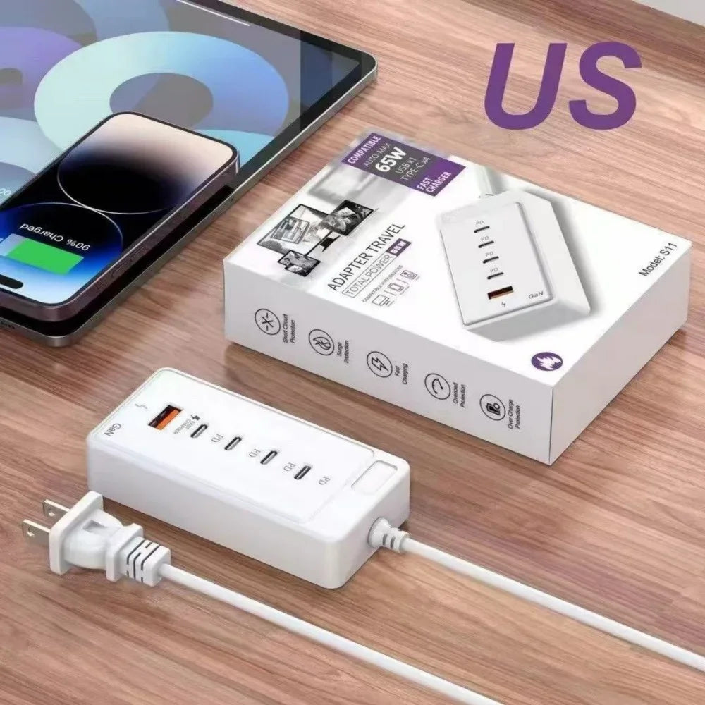 65W USB-C Fast Charging Hub – Multi-Port Wall Charger with 1M Extension Power Socket