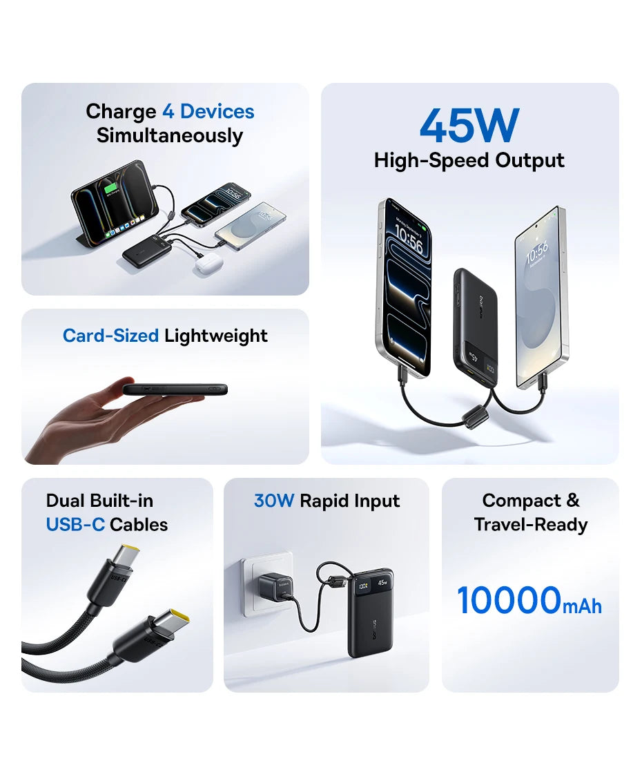 Baseus 45W Power Bank 10000mAh 20000mAh Built-In Dual USB-C Cable Fast Charging for iPhone 17 16 Pro Max Samsung S25 Xiaomi Poco