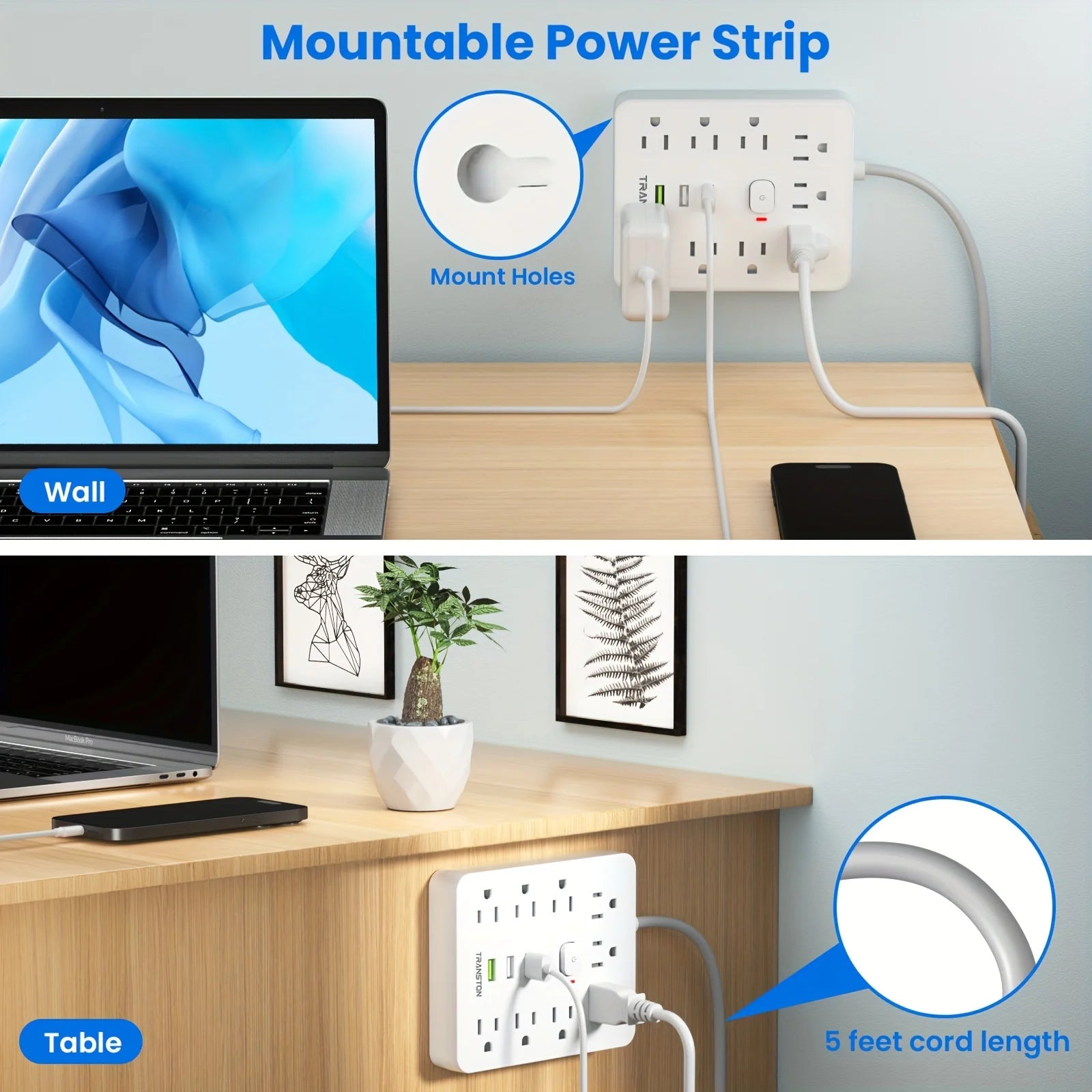Surge Protected Power Outlet – 9 AC & 3 USB Ports with 5ft Extension Cord