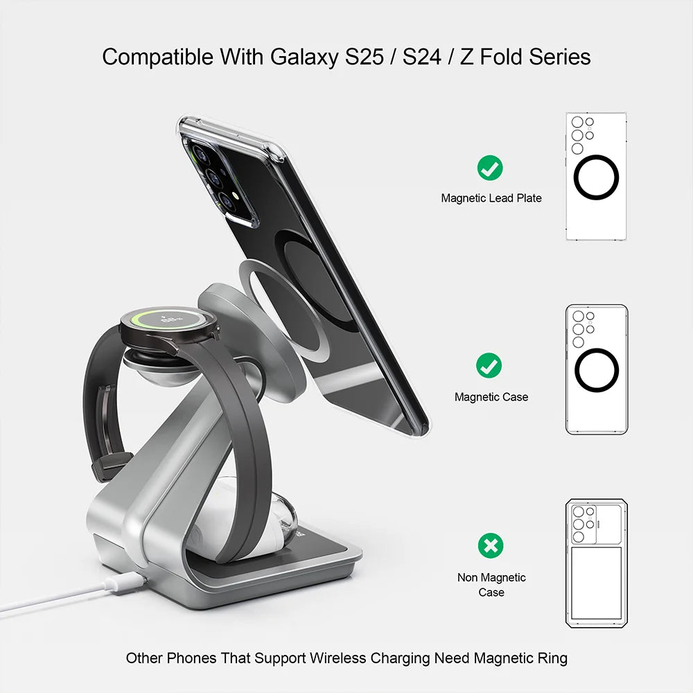Bonola Wireless Charging Stand – 15W Fast Charge, 3-in-1 for Phone, Watch & Buds