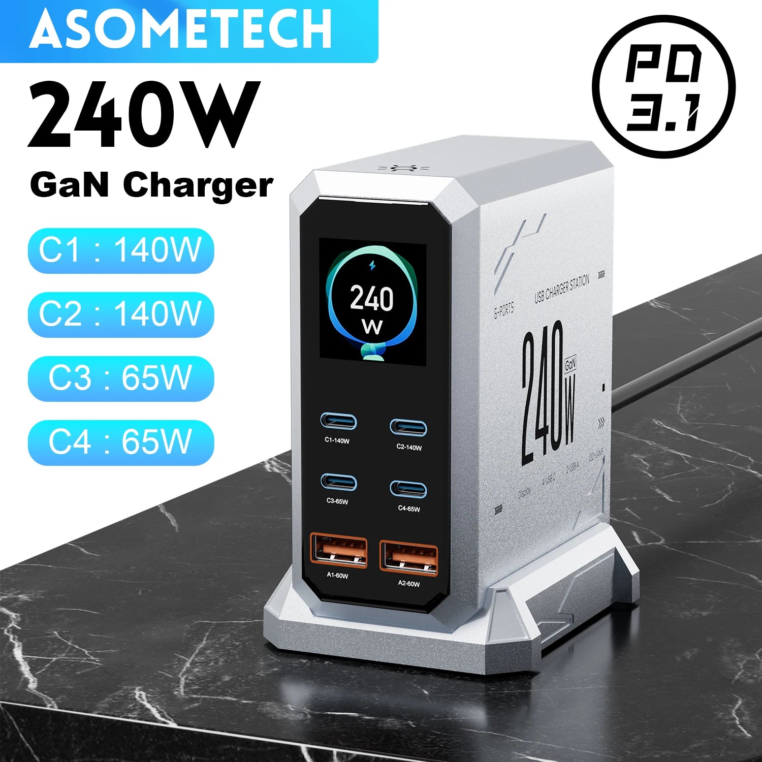 240W GaN USB-C Charger – 6-Port PD3.1 Fast Charging