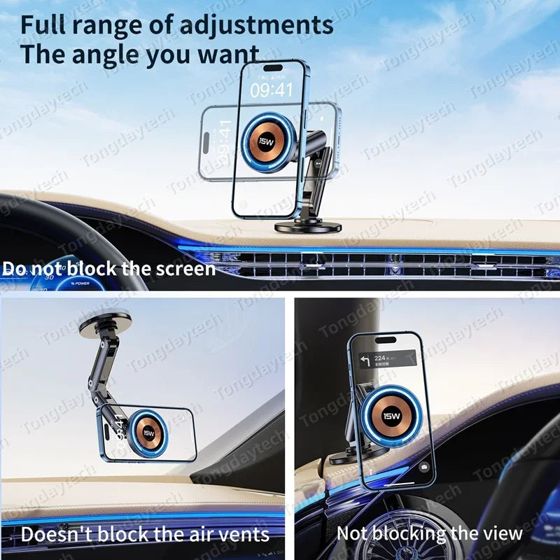 Magnetic Car Charger Holder – 15W Wireless Fast Charge